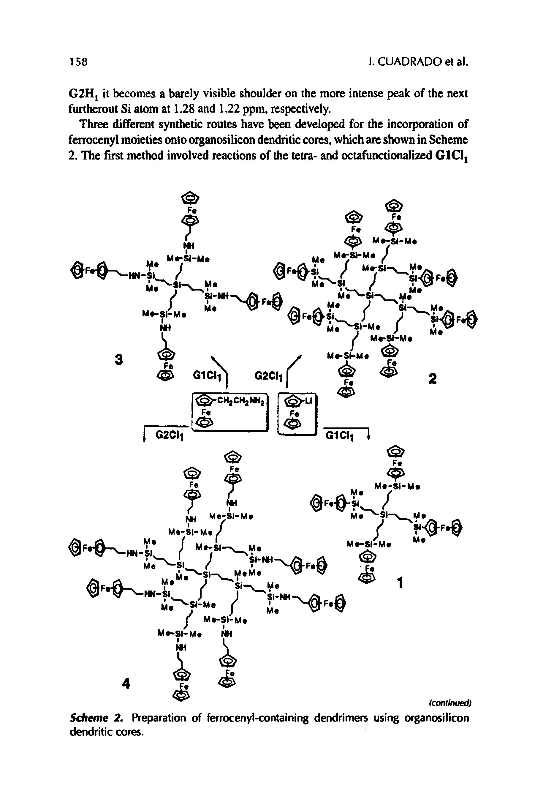 Scheme 2. Preparation of ferrocenyl-containing dendrimers using organosilicon dendritic cores.
