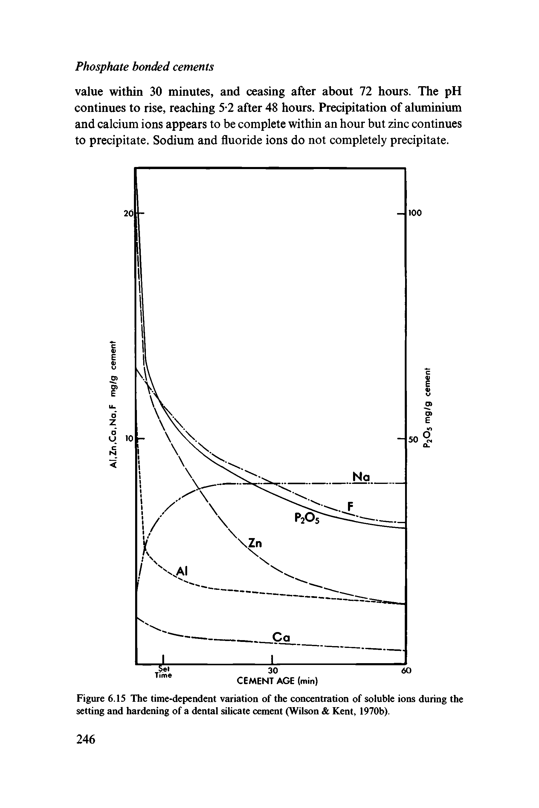 Figure 6.15 The time-dependent variation of the concentration of soluble ions during the setting and hardening of a dental sihcate eement (Wilson Kent, 1970b).