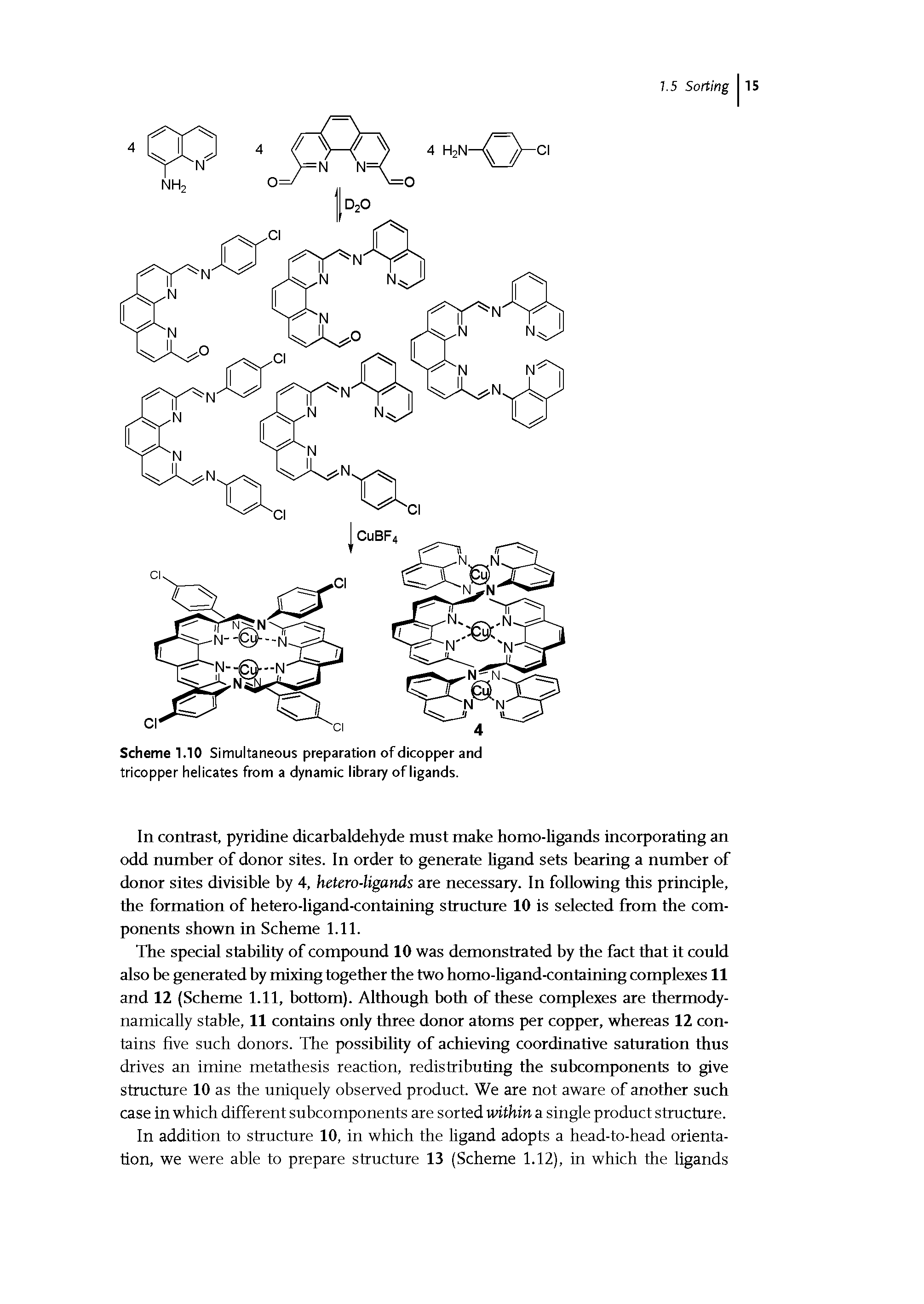 Scheme 1.10 Simultaneous preparation of dicopper and tricopper helicates from a dynamic library of ligands.