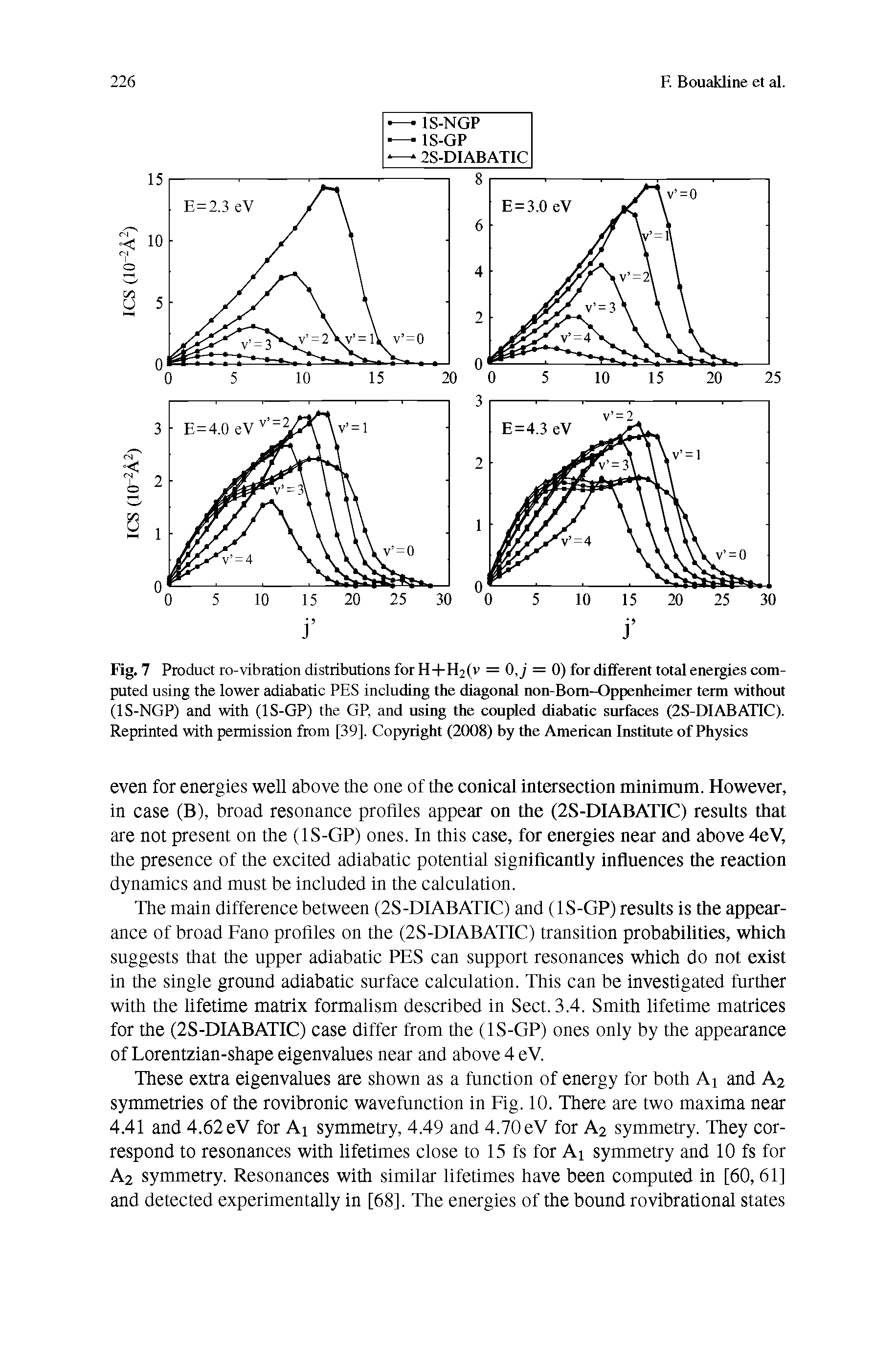 Fig. 7 Product ro-vibration distributions for H+H2(v = OJ = 0) for different total energies computed using the lower adiabatic PES including the diagonal non-Bom-Oppenheimer term without (IS-NGP) and with (IS-GP) the GP, and using the coupled diabatic surfaces (2S-DIABATIC). Reprinted with permission from [39]. Copyright (2008) by the American Institute of Physics...