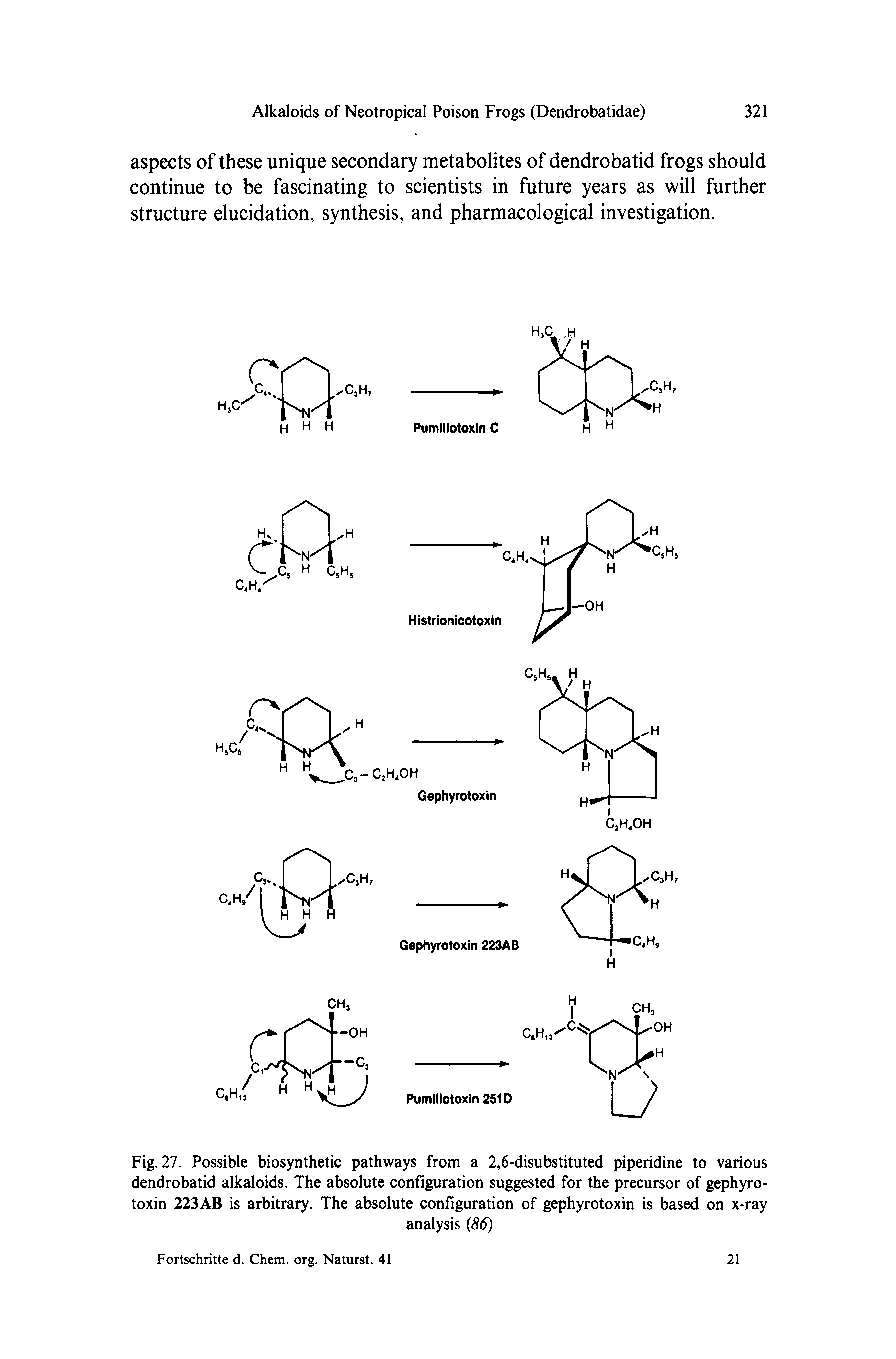 Fig. 27. Possible biosynthetic pathways from a 2,6-disubstituted piperidine to various dendrobatid alkaloids. The absolute configuration suggested for the precursor of gephyrotoxin 223AB is arbitrary. The absolute configuration of gephyrotoxin is based on x-ray...