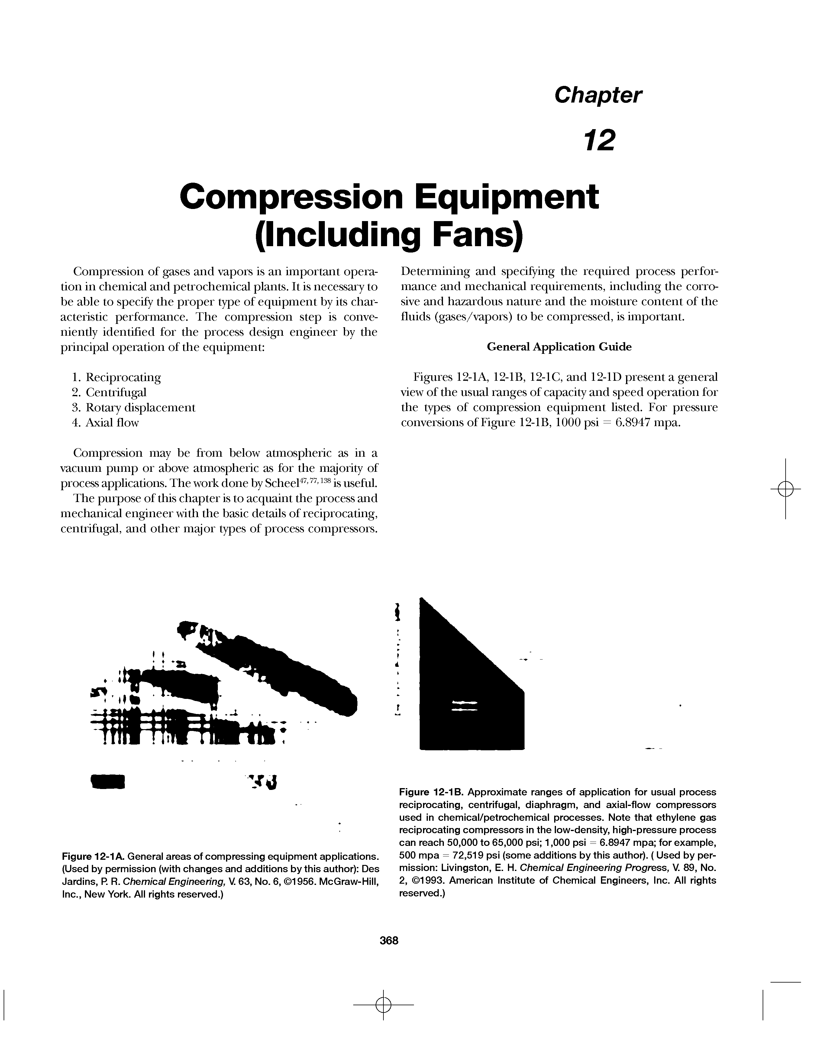 Figure 12-1A. General areas of compressing equipment applications. (Used by permission (with changes and additions by this author) Des Jardins, P. R. Chemical Engineering, V. 63, No. 6, 1956. McGraw-Hill, Inc., New York. All rights reserved.)...