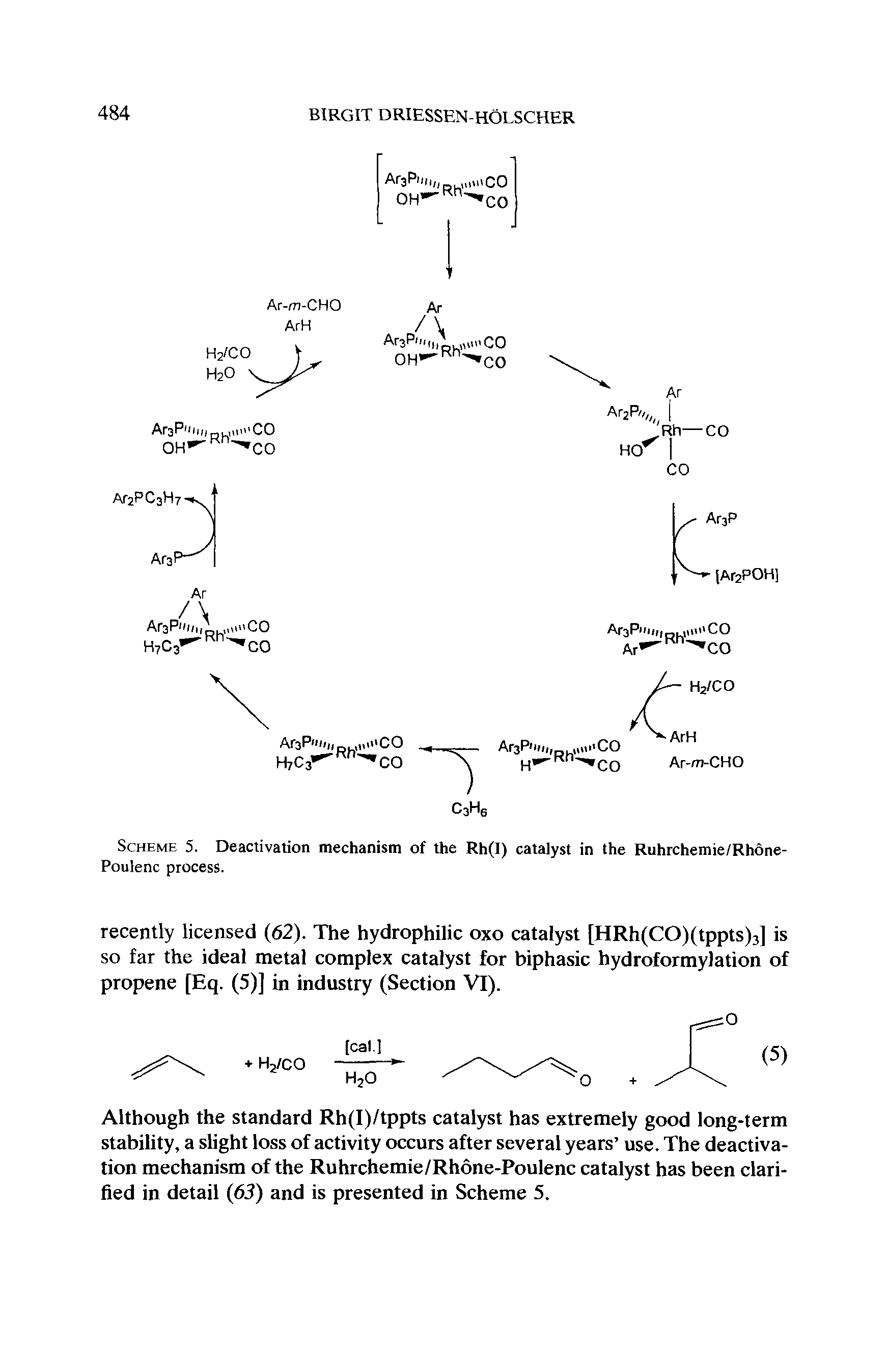 Scheme 5. Deactivation mechanism of the Rh(I) catalyst in the Ruhrchemie/Rhone-Poulenc process.