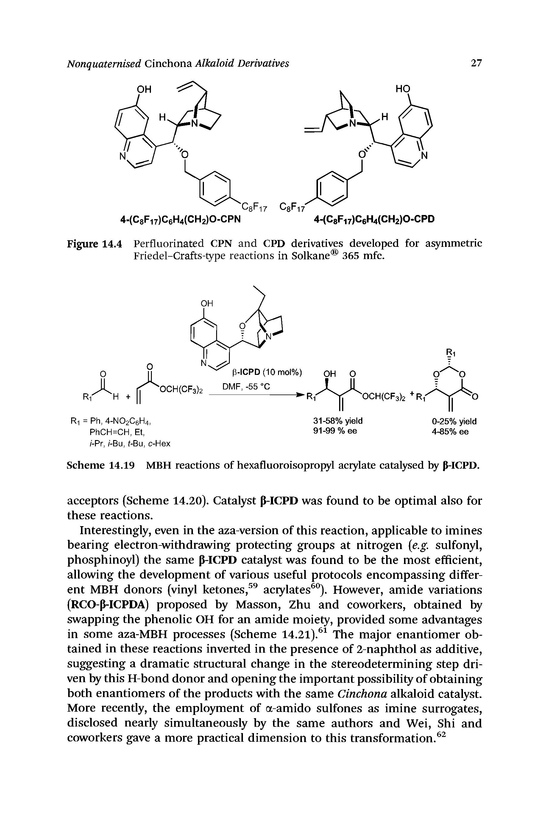 Scheme 14.19 MBH reactions of hexafluoroisopropyl acrylate catalysed by 5-ICPD.