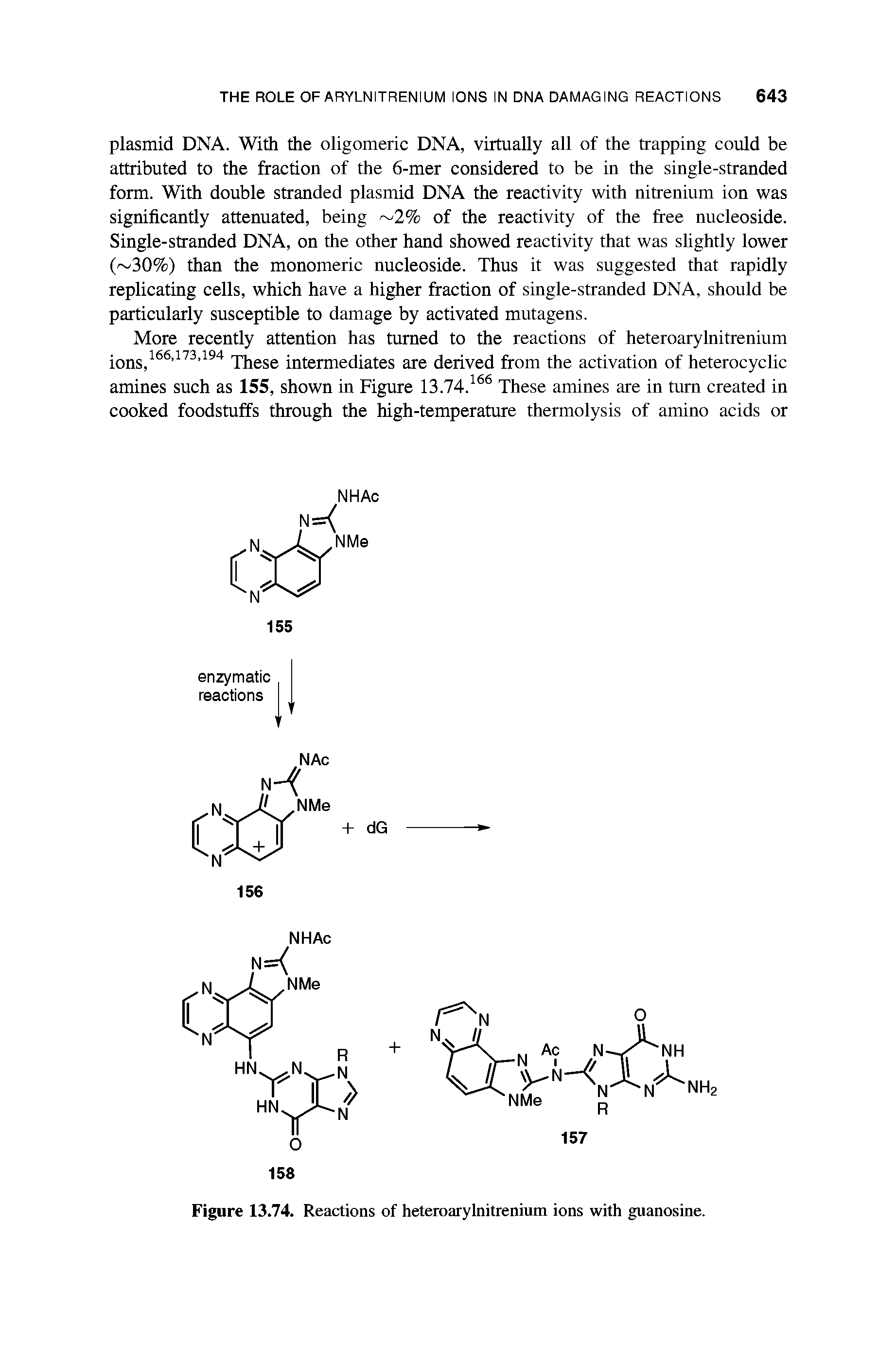 Figure 13.74. Reactions of heteroarylnitrenium ions with guanosine.