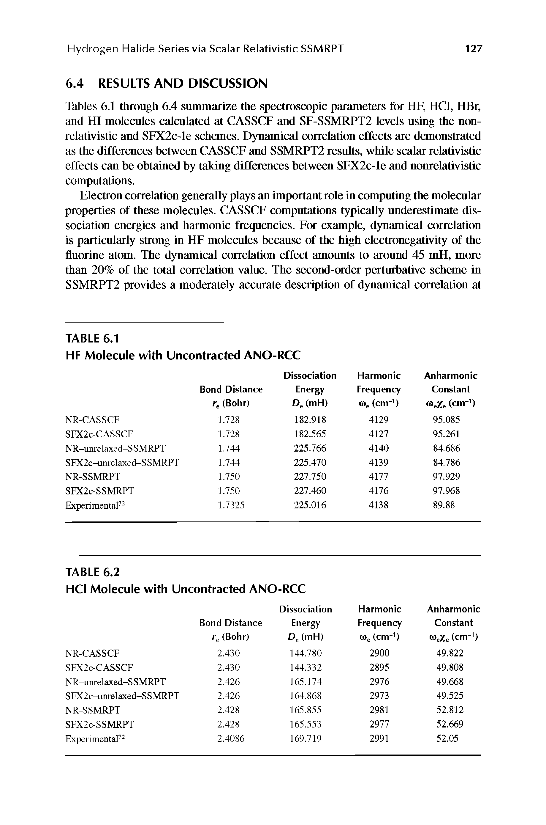 Tables 6.1 through 6.4 summarize the spectroscopic parameters for HF, HCl, HBr, and HI molecules calculated at CASSCF and SF-SSMRPT2 levels using the non-relativistic and SFX2c-le schemes. Dynamical correlation effects are demonstrated as the differences between CASSCF and SSMRPT2 results, while scalar relativistic effects can be obtained by taking differences between SFX2c-le and nonrelativistic computations.