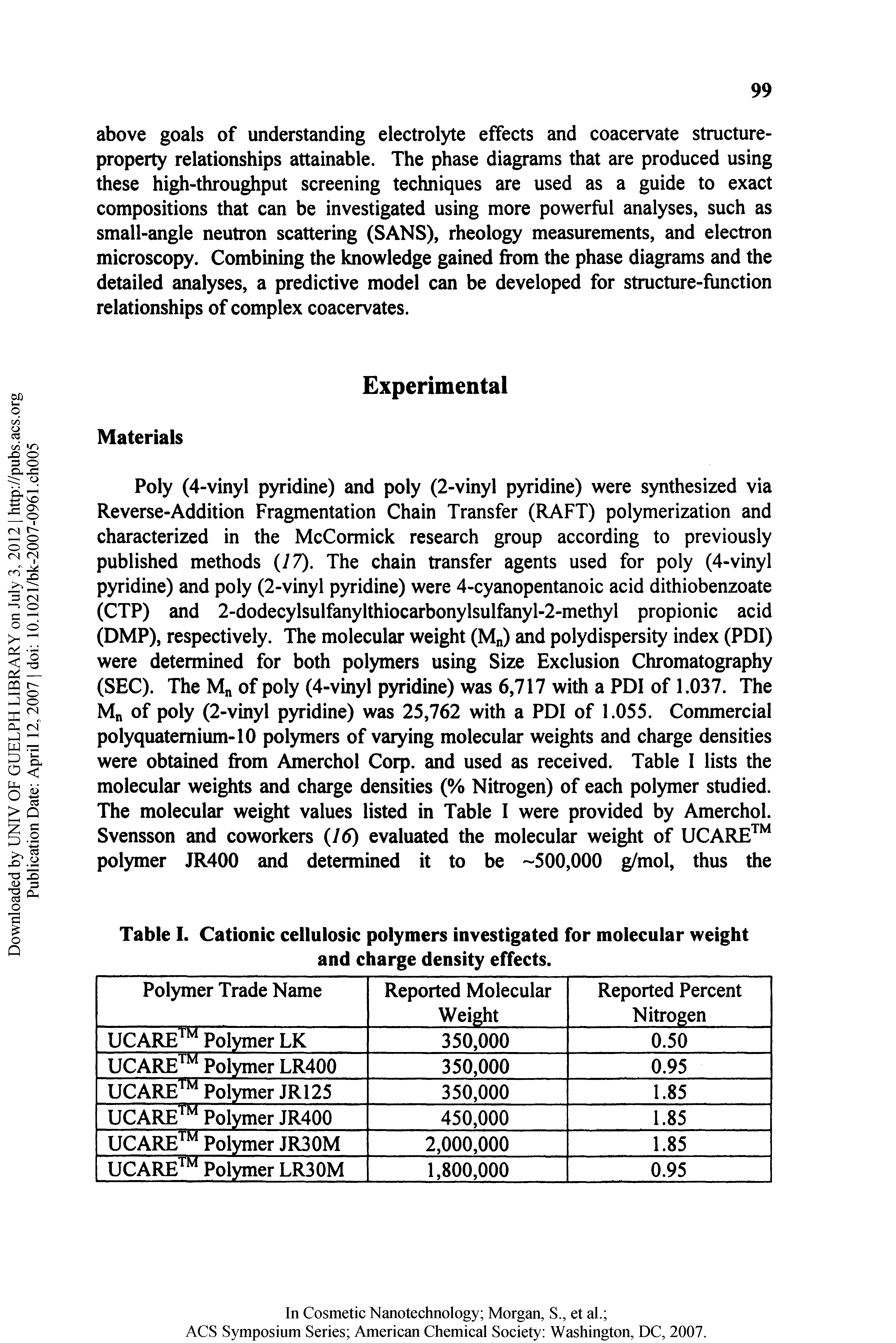 Table I. Cationic celluloslc polymers investigated for molecular weight and charge density effects.