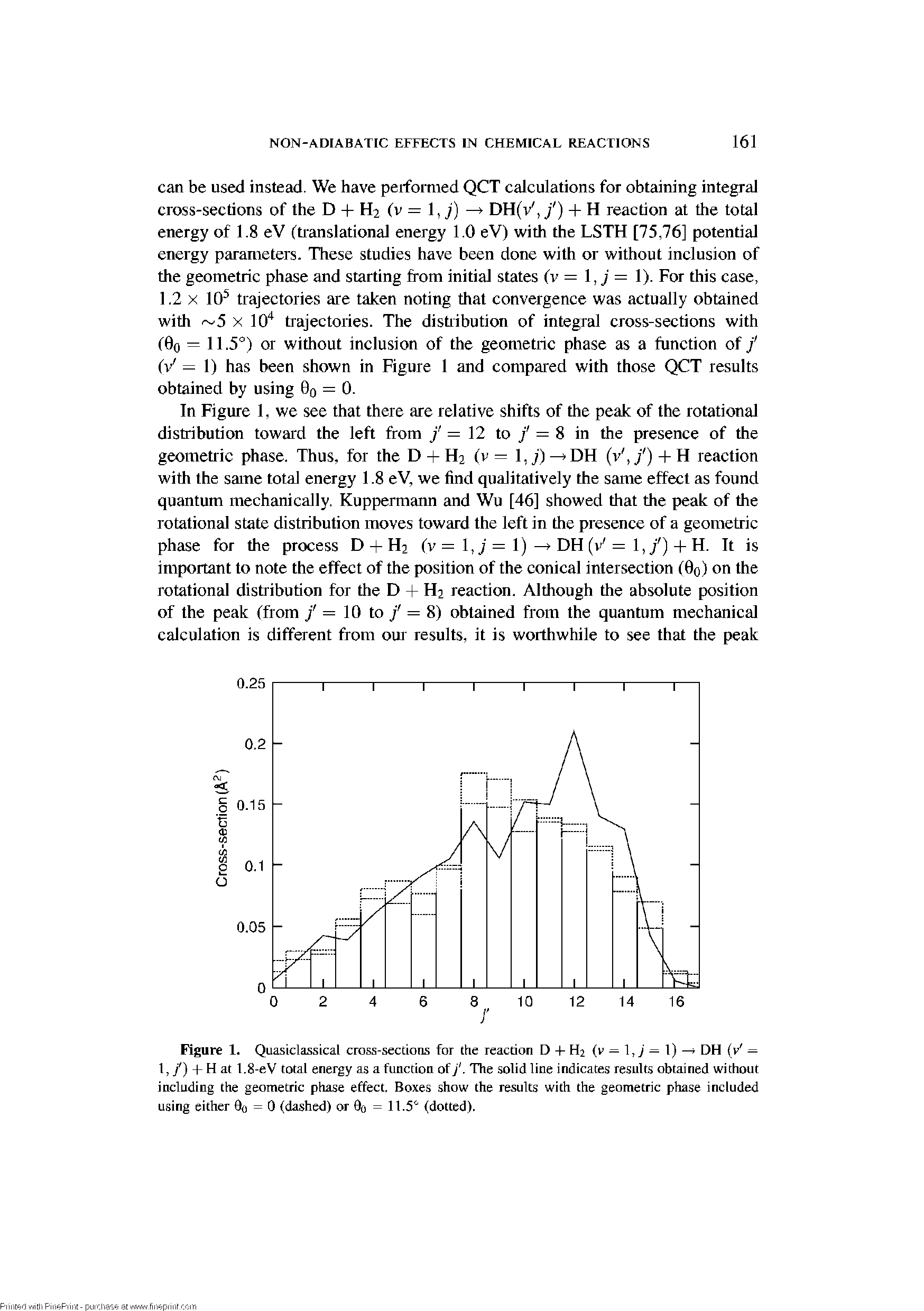 Figure 1. Quasiclassical cross-sections for the reaction D -I- H2 (w — 1,2 — 1) DH (v — 1, /) -f H at 1.8-eV total energy as a function of/. The solid line indicates results obtained without including the geometric phase effect. Boxes show the results with the geometric phase included using either 9o = 0 (dashed) or 9o = 11.5 " (dotted).