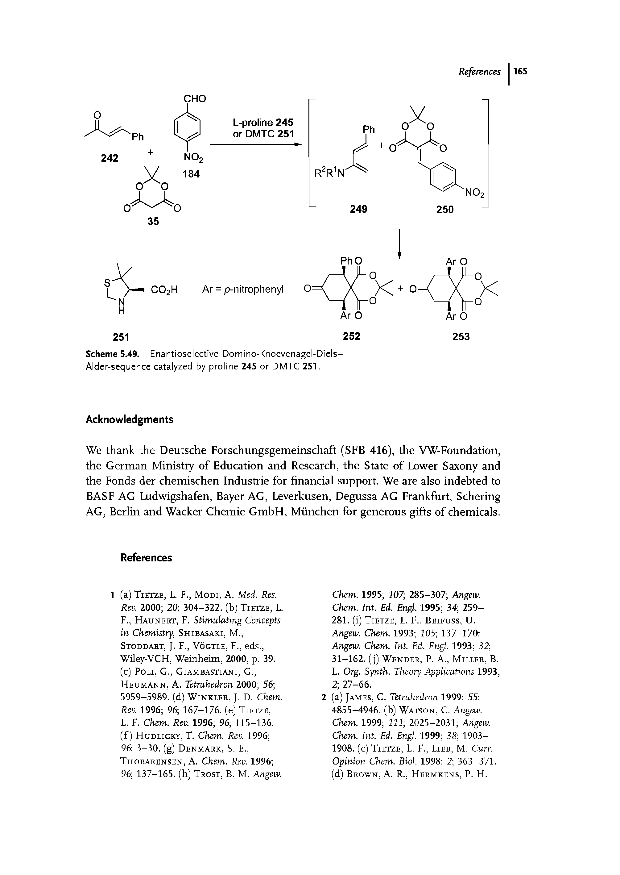 Scheme 5.49. Enantioselective Domino-Knoevenagel-Diels-Alder-sequence catalyzed by proline 245 or DMTC 251.