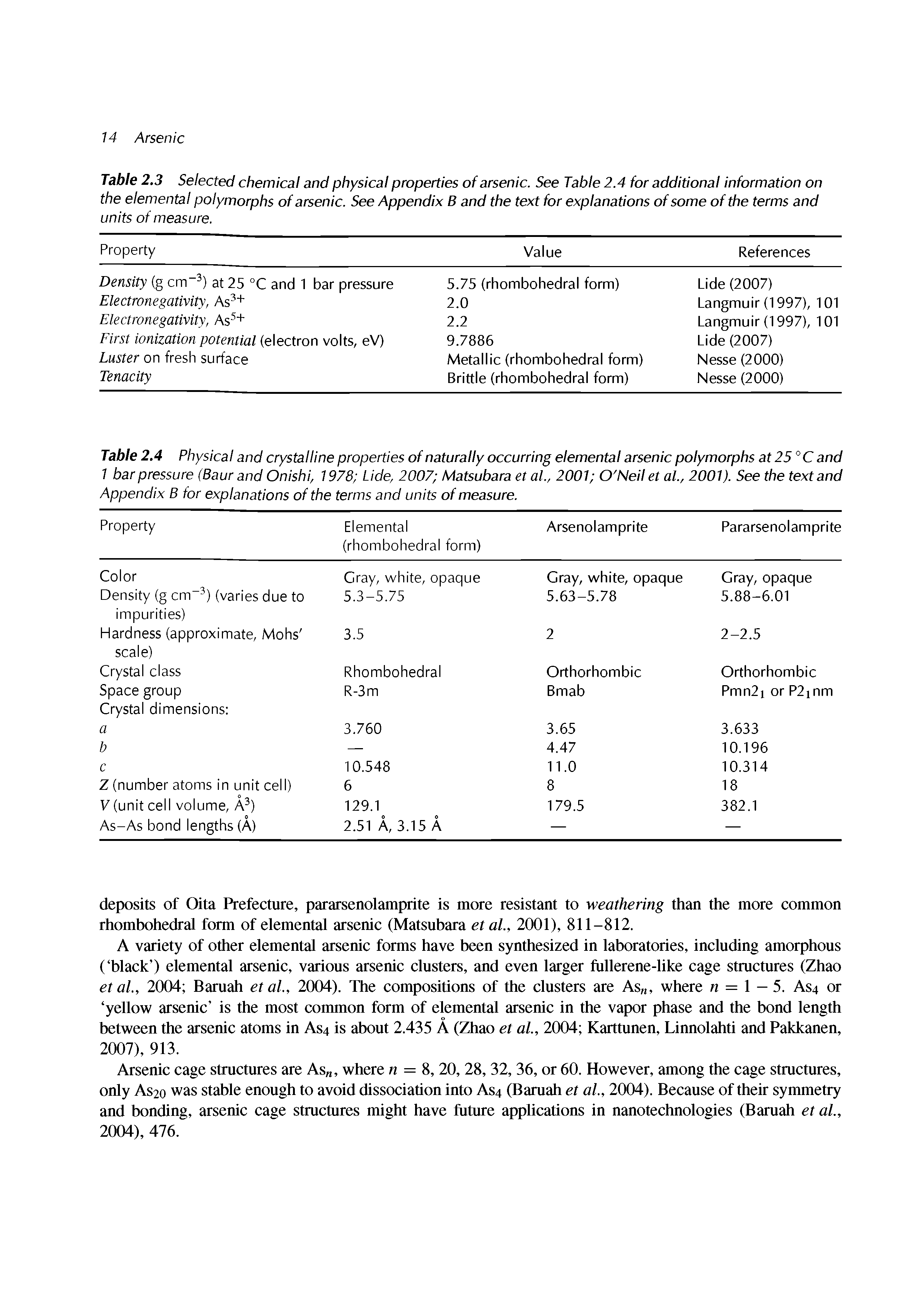 Table 2.3 Selected chemical and physical properties of arsenic. See Table 2.4 for additional information on the elemental polymorphs of arsenic. See Appendix B and the text for explanations of some of the terms and units of measure.