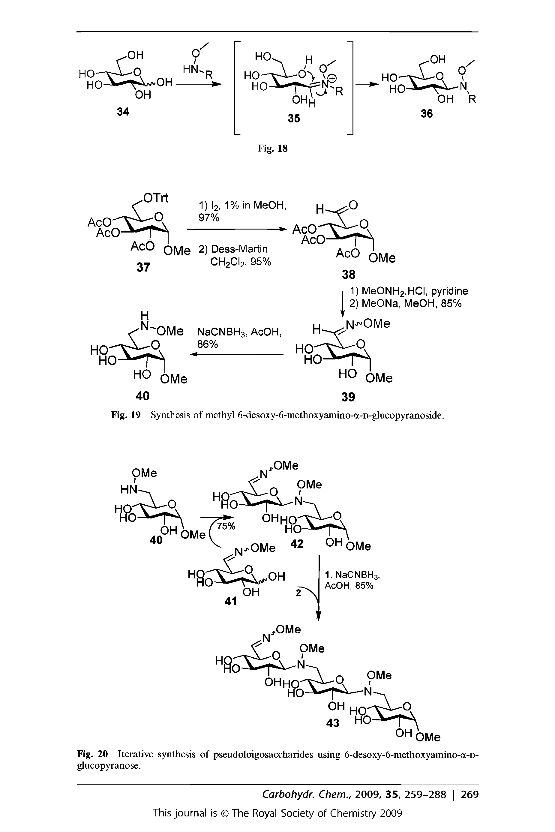Fig. 20 Iterative synthesis of pseudoloigosaccharides using 6-desoxy-6-methoxyamino-a-D-glucopyranose.