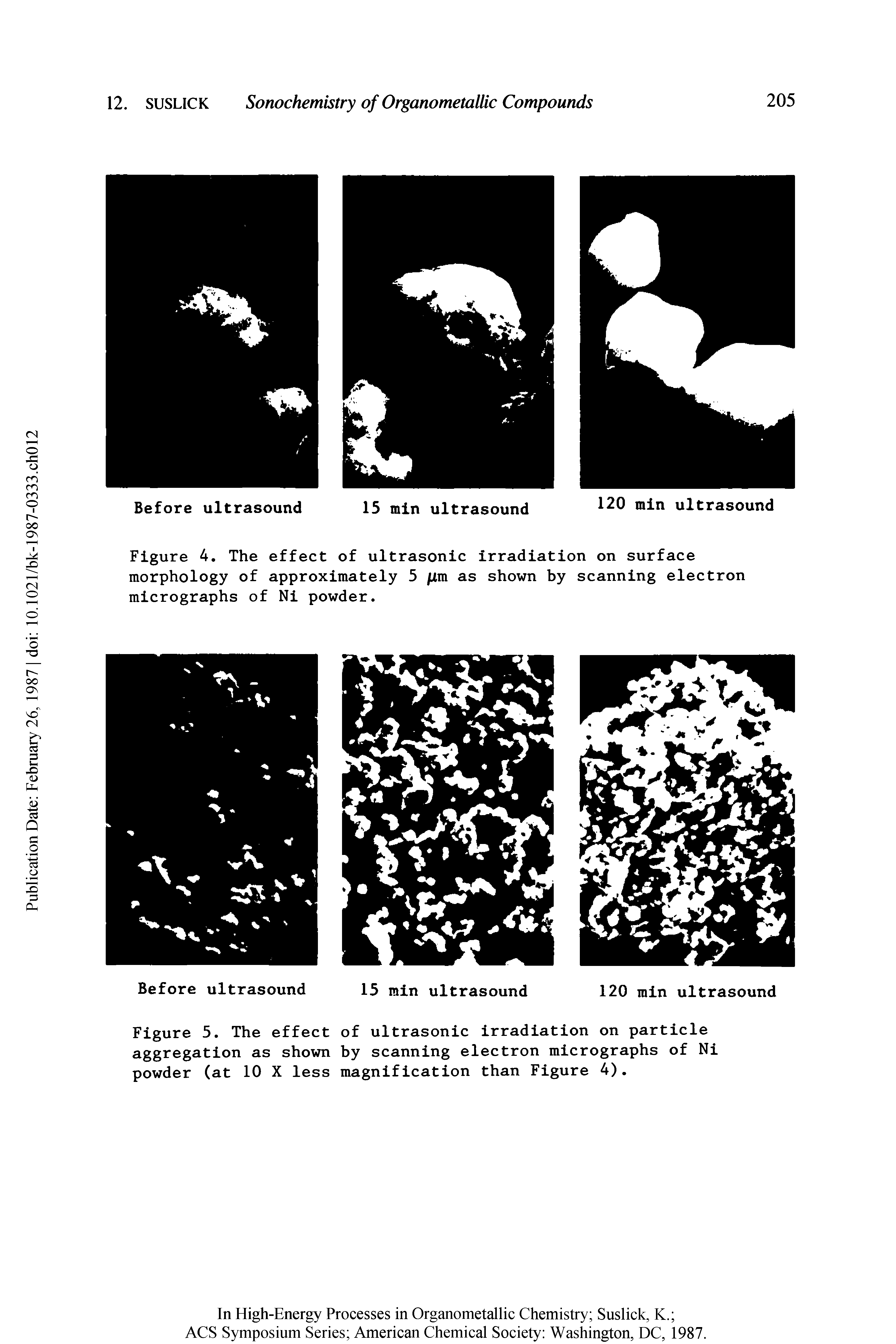 Figure 4. The effect of ultrasonic irradiation on surface morphology of approximately 5 /nm as shown by scanning electron micrographs of Ni powder.