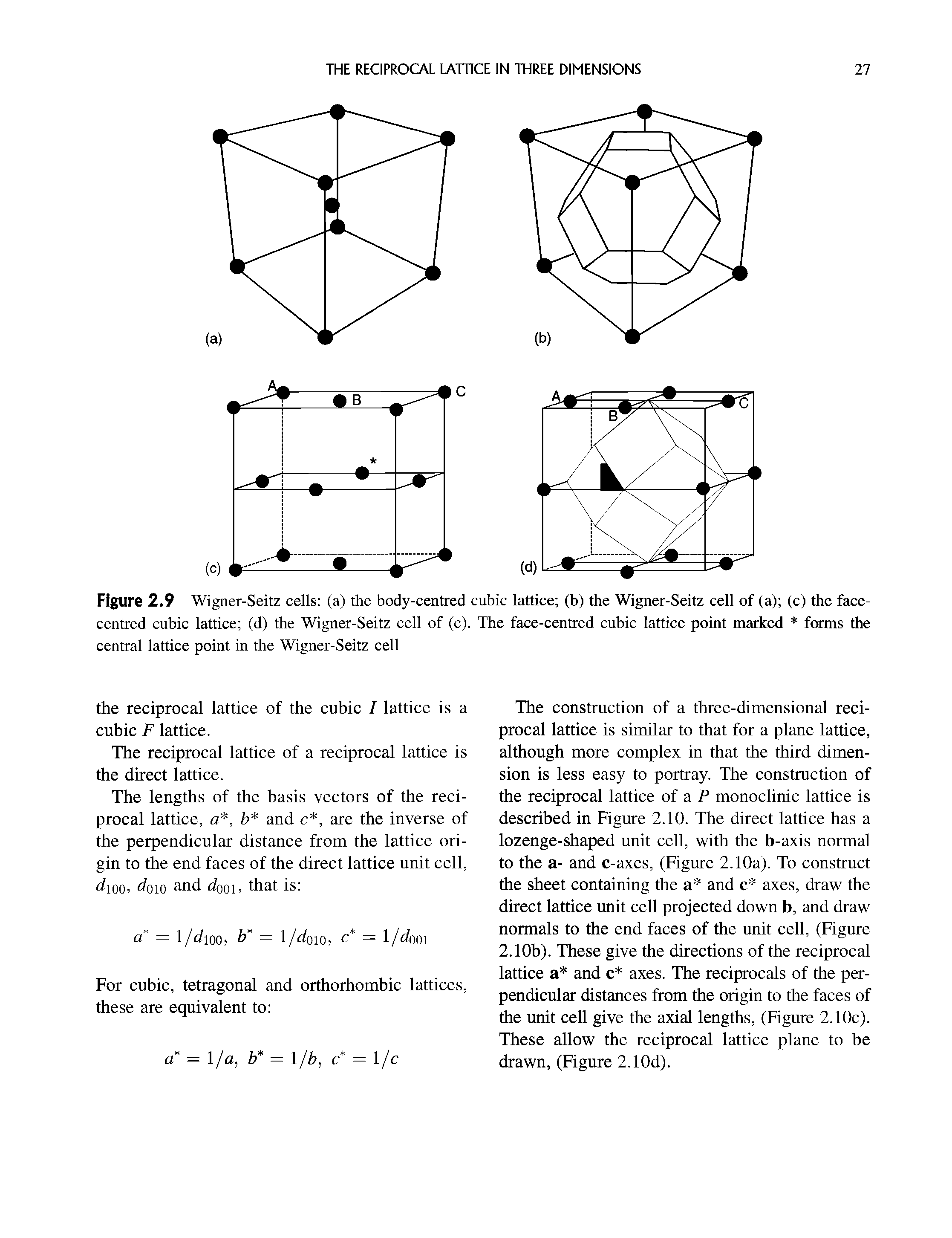 Figure 2.9 Wigner-Seitz cells (a) the body-centred cubic lattice (b) the Wigner-Seitz cell of (a) (c) the face-centred cubic lattice (d) the Wigner-Seitz cell of (c). The face-centred cubic lattice point marked forms the central lattice point in the Wigner-Seitz cell...