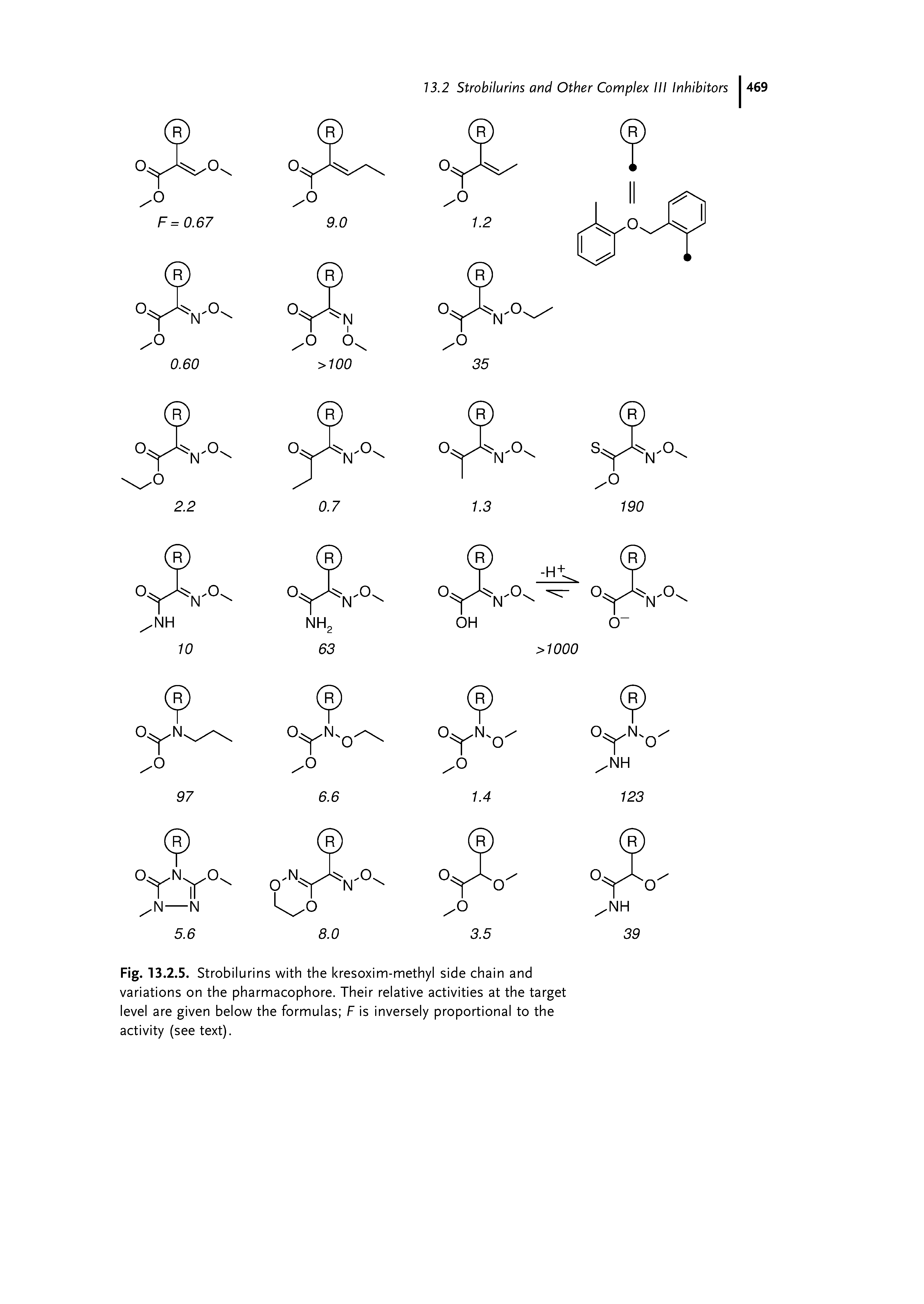 Fig. 13.2.5. Strobilurins with the kresoxim-methyl side chain and variations on the pharmacophore. Their relative activities at the target level are given below the formulas F is inversely proportional to the activity (see text).