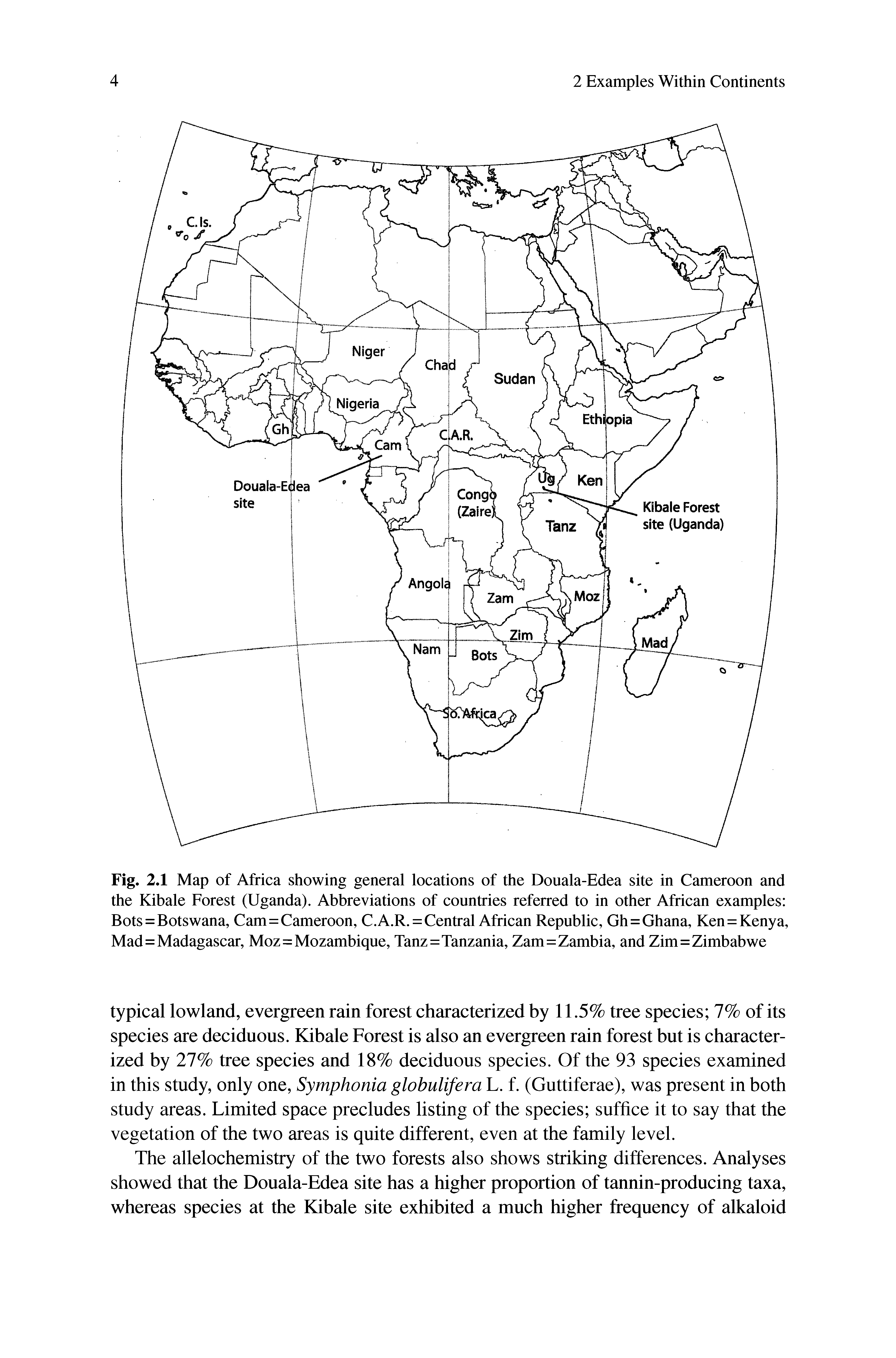 Fig. 2.1 Map of Africa showing general locations of the Douala-Edea site in Cameroon and the Kibale Forest (Uganda). Abbreviations of countries referred to in other African examples Bots = Botswana, Cam=Cameroon, C.A.R. = Central African Republic, Gh = Ghana, Ken=Kenya, Mad=Madagascar, Moz=Mozambique, Tanz=Tanzania, Zam=Zambia, and Zim=Zimbabwe...