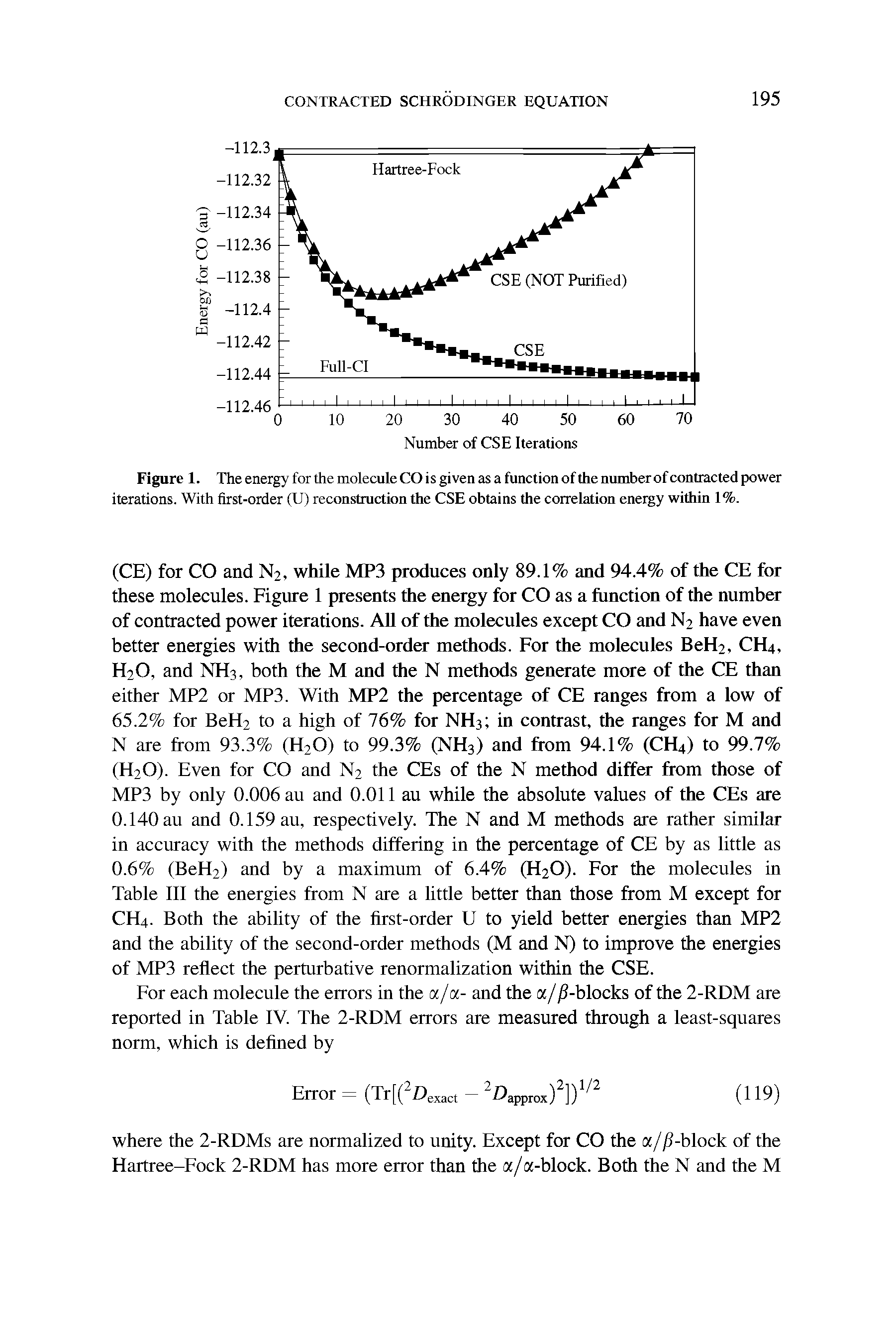 Figure 1. The energy for the molecule CO is given as a function of the number of contracted power iterations. With first-order (U) reconstruction the CSE obtains the correlation energy within 1%.