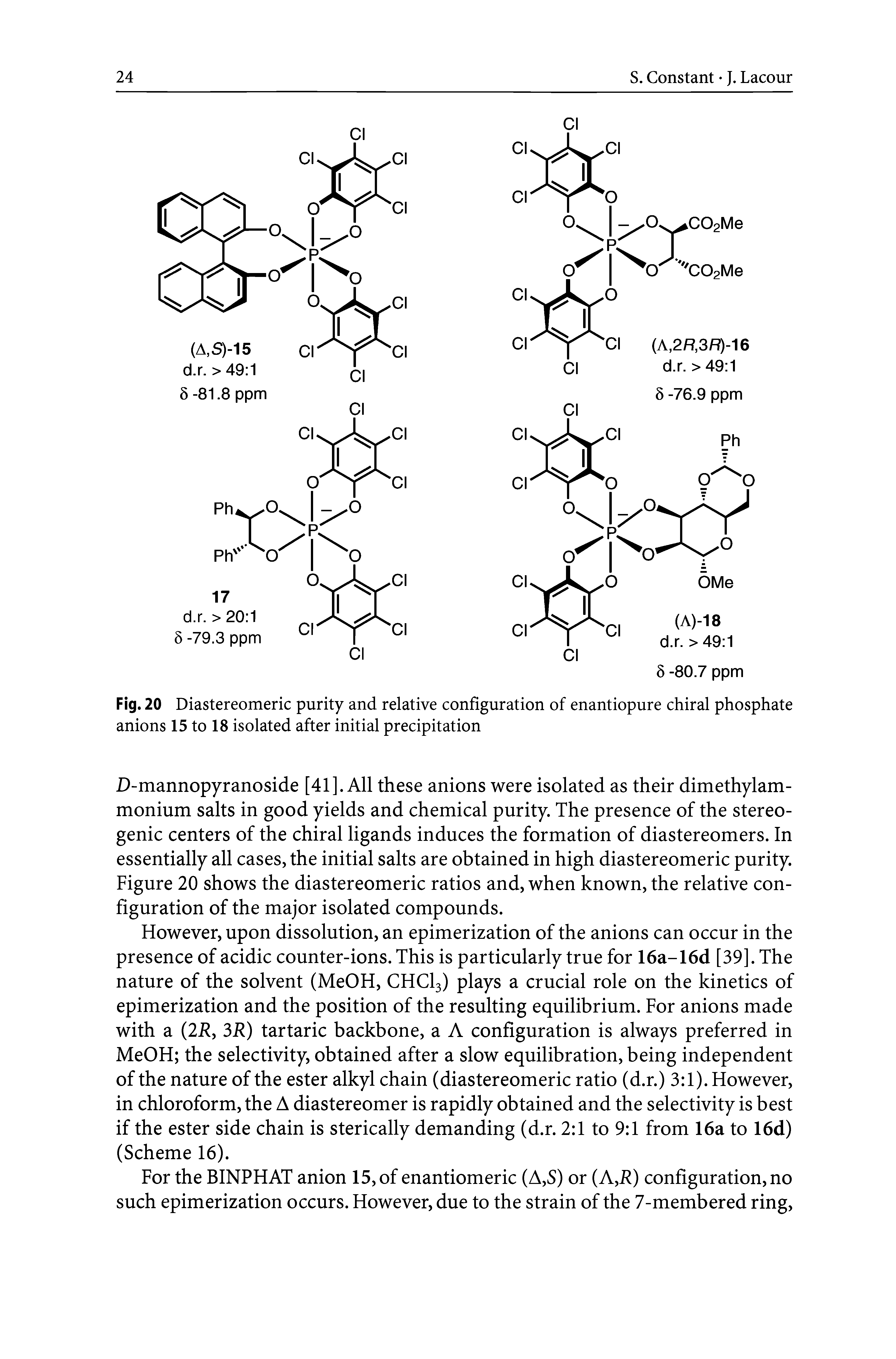 Fig. 20 Diastereomeric purity and relative configuration of enantiopure chiral phosphate anions 15 to 18 isolated after initial precipitation...