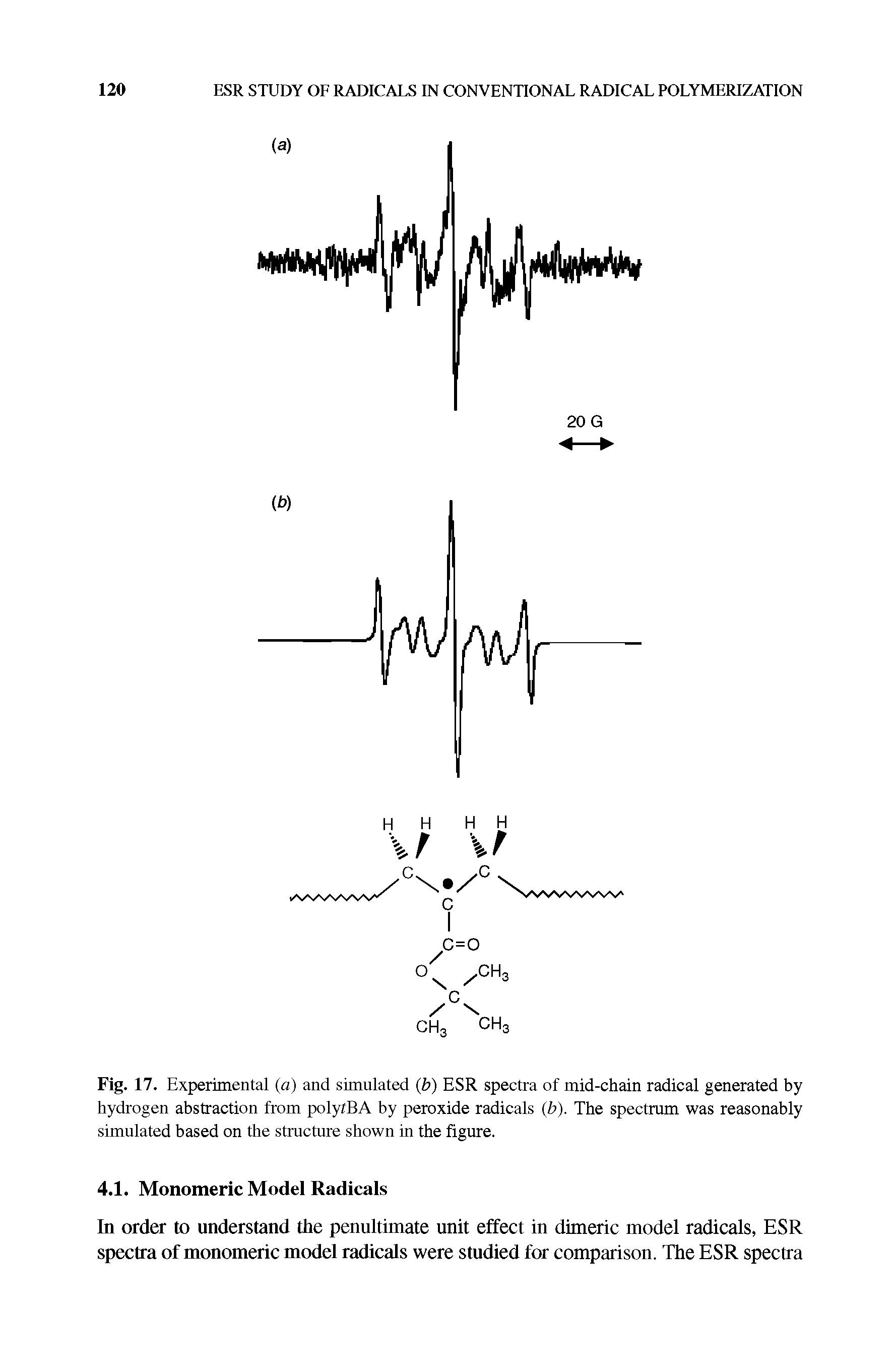 Fig. 17. Experimental (a) and simulated b) ESR spectra of mid-chain radical generated by hydrogen abstraction from polyfBA by peroxide radicals b). The spectrum was reasonably simulated based on the structure shown in the figure.