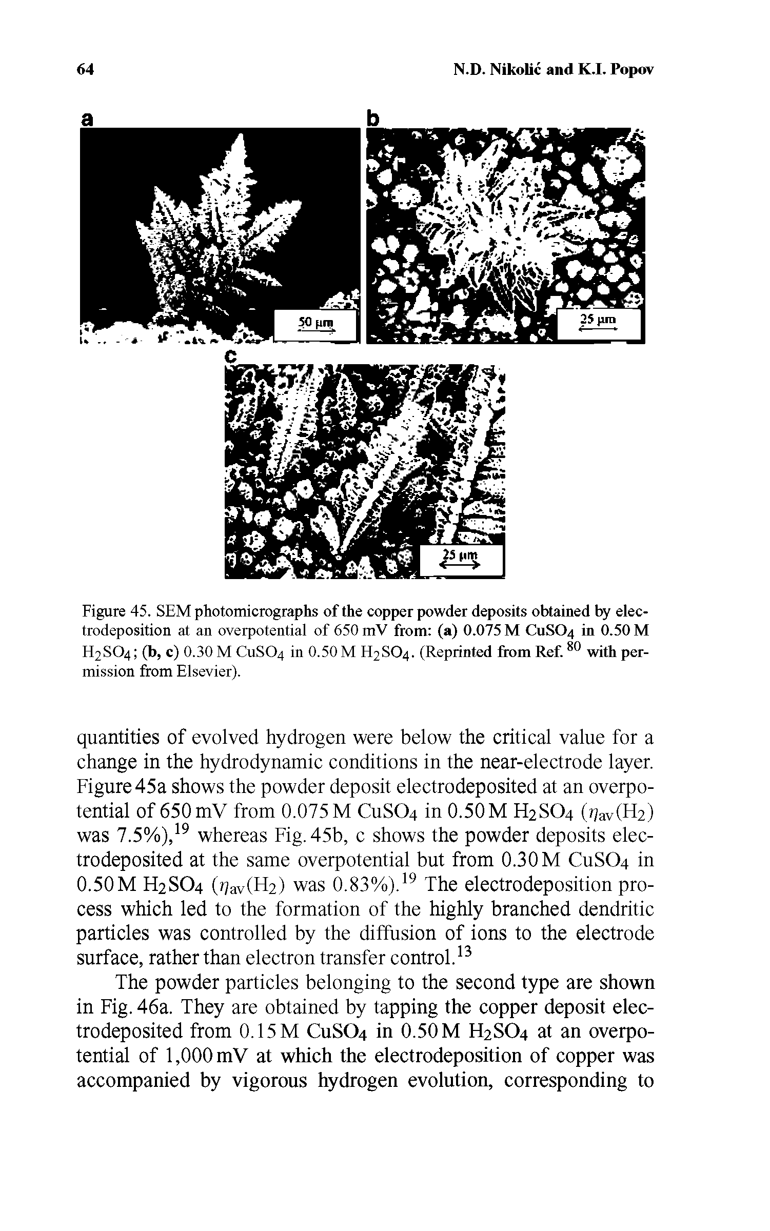 Figure 45. SEM photomicrographs of the copper powder deposits obtained by electrodeposition at an overpotential of 650 mV from (a) 0.075 M CUSO4 in 0.50 M H2SO4 (b, c) 0.30 M CUSO4 in 0.50 M H2SO4. (Reprinted from Ref.80 with permission from Elsevier).