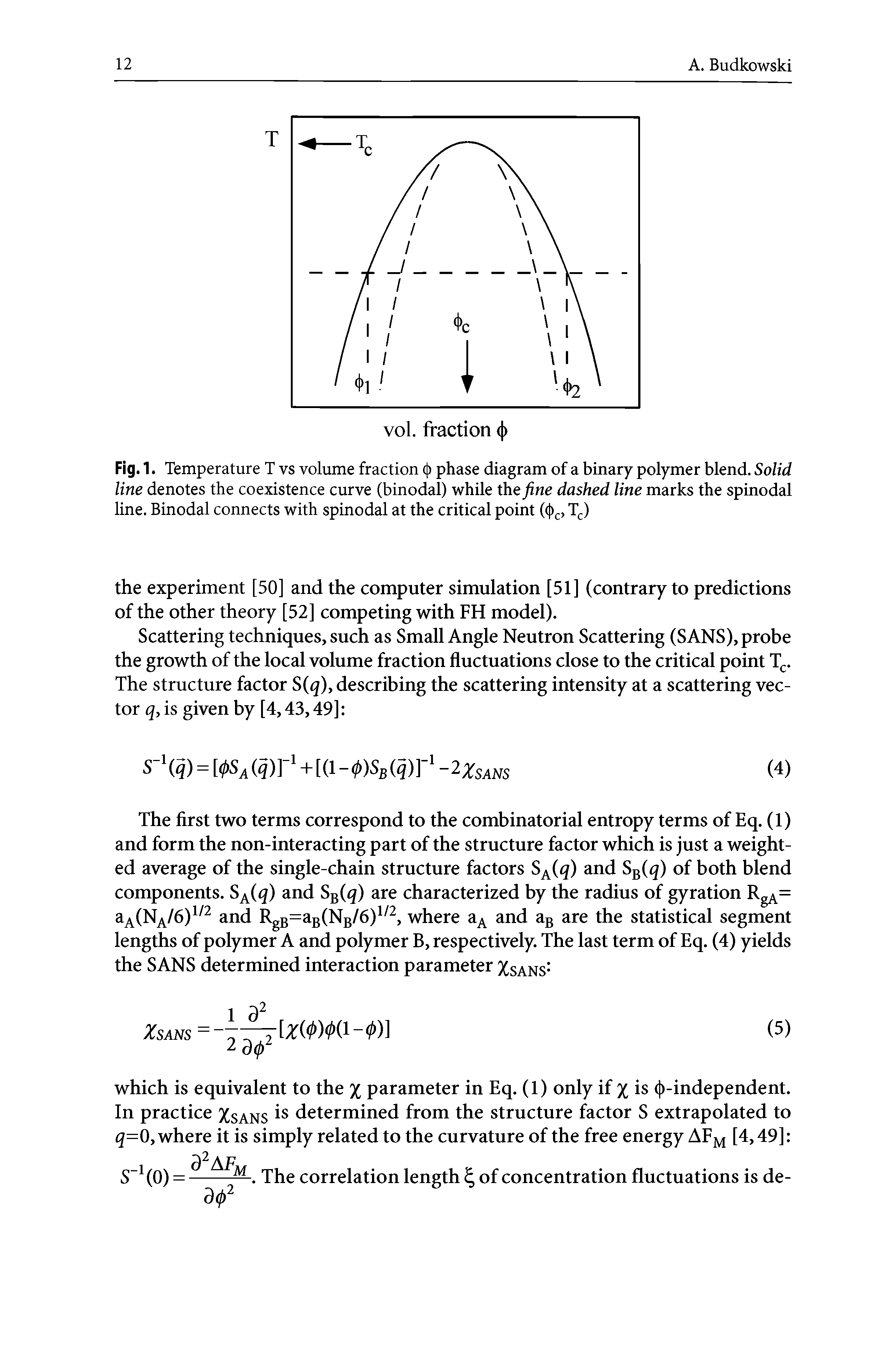 Fig. 1. Temperature T vs volume fraction phase diagram of a binary polymer blend. Solid line denotes the coexistence curve (binodal) while the me dashed line marks the spinodal line. Binodal connects with spinodal at the critical point (( )c> Tc)...