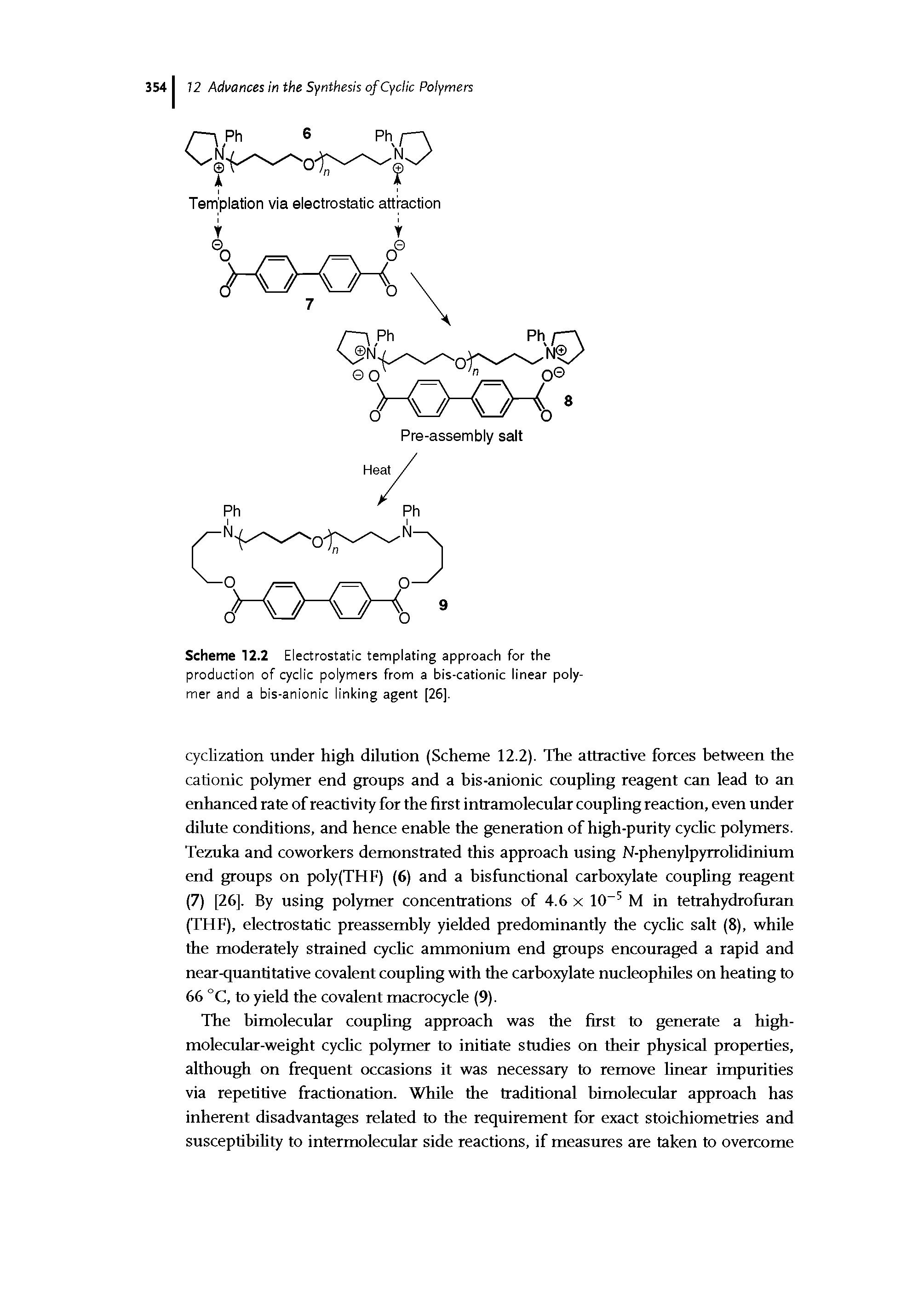 Scheme 12.2 Electrostatic templating approach for the production of cyclic polymers from a bis-cationic linear polymer and a bis-anionic linking agent [26].