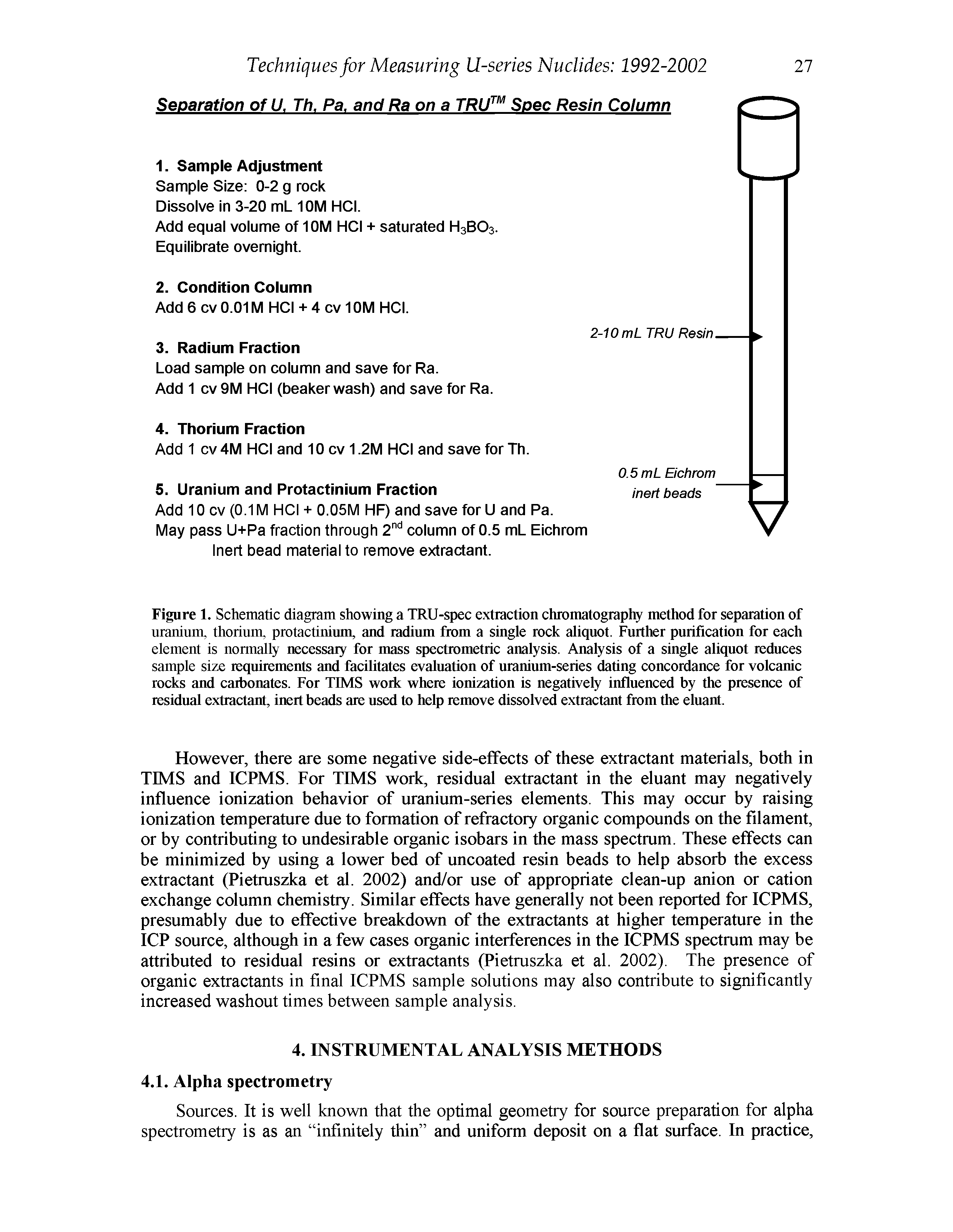 Figure 1. Schematic diagram showing a TRU-spec extraction chromatography method for separation of uranium, thorium, protactinium, and radium from a single rock aliquot. Further purification for each element is normally necessary for mass spectrometric analysis. Analysis of a single aliquot reduces sample size requirements and facilitates evaluation of uranium-series dating concordance for volcanic rocks and carbonates. For TIMS work where ionization is negatively influenced by the presence of residual extractant, inert beads are used to help remove dissolved extractant from the eluant.