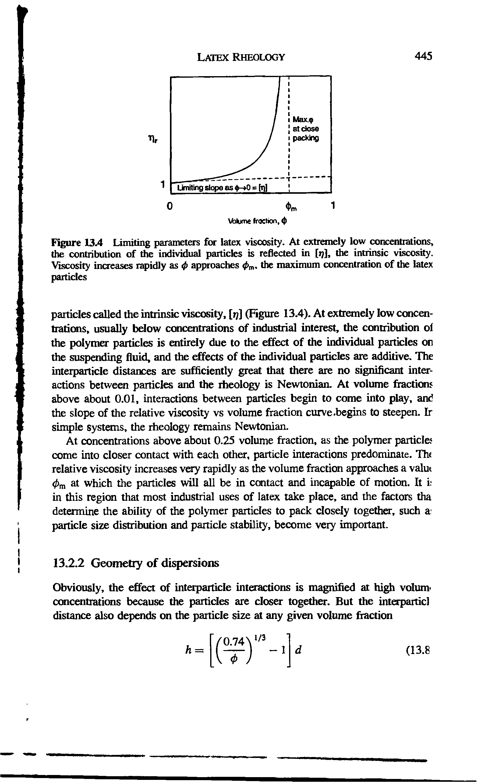 Figure 13A Limiting parameters for latex viscosity. At extremely low concentrations, the contribution of the individual particles is reflected in [ij], the intrinsic viscosity. Viscosity increases r idly as (p approaches the maximum concentration of the latex particles...