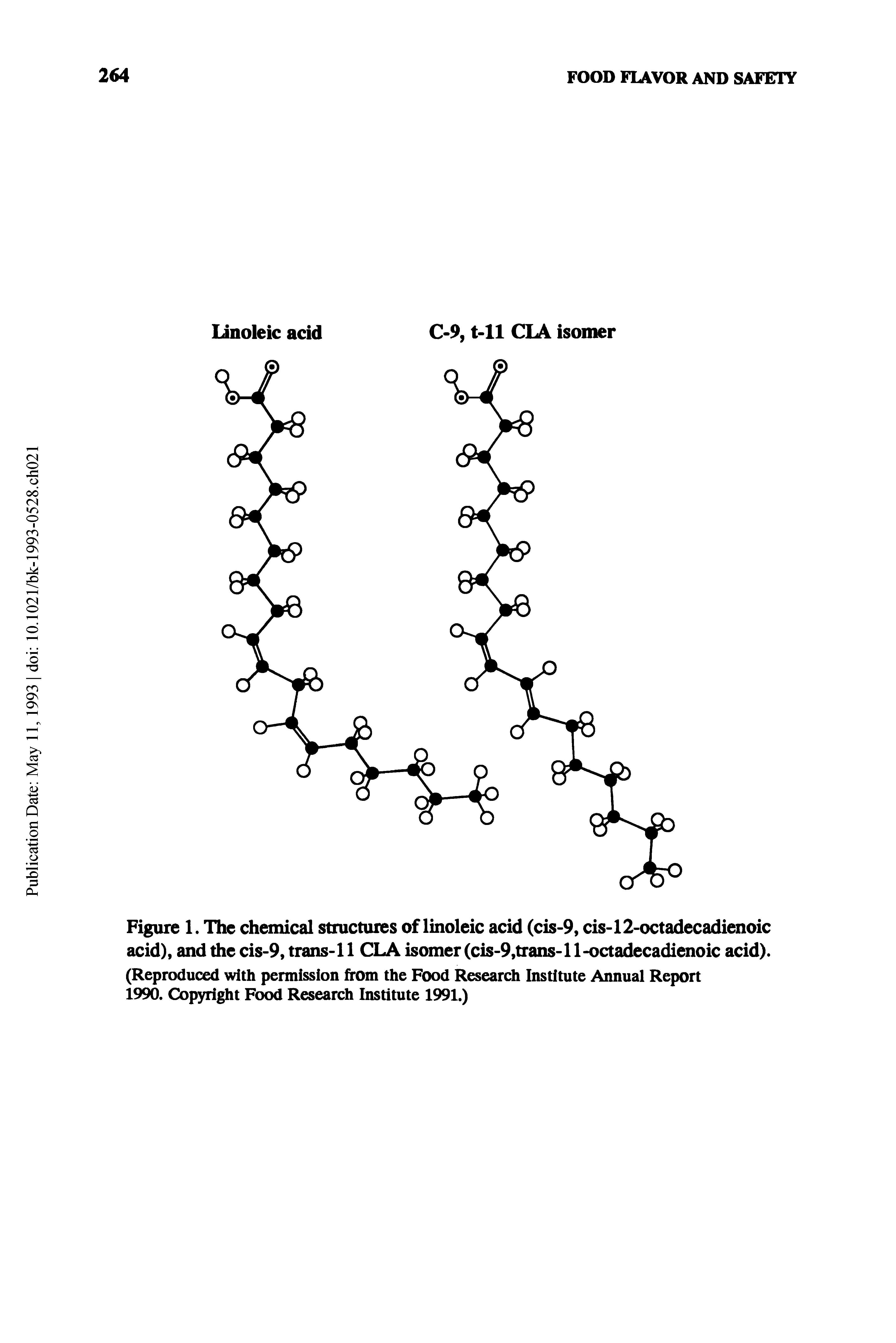 Figure 1. The chemical structures of linoleic acid (cis-9, cis-12-octadecadienoic acid), and the cis-9, trans-11 CLA isomer (cis-9,trans-l 1-octadecadienoic acid). (Reproduced with permission from the Food Research Institute Annual Report 1990. Copyright Food Research Institute 1991.)...