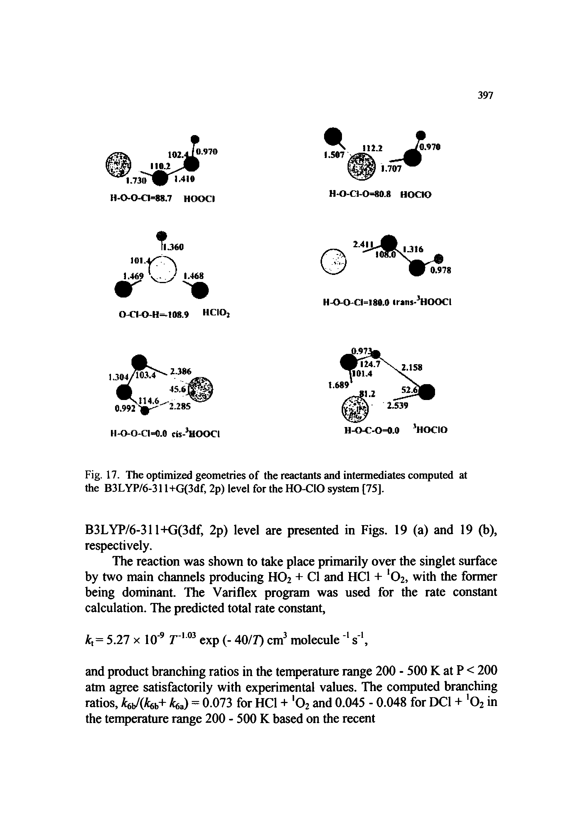 Fig. 17. The optimized geometries of the reactants and intermediates computed at the B3LYP/6-311+G(3df, 2p) level for the HO-CIO system [75],...