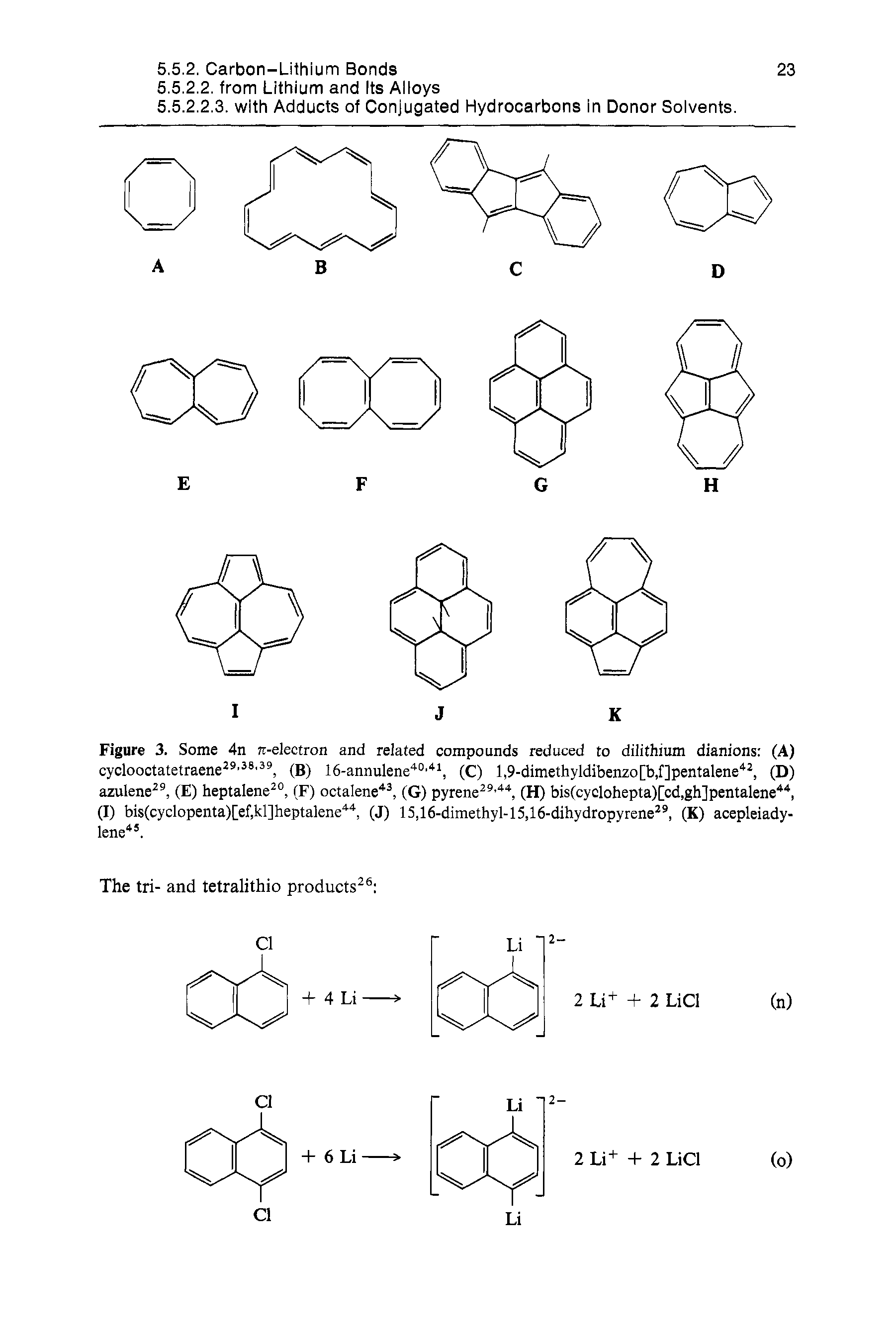 Figure 3. Some 4n 7r-electron and related compounds reduced to dilithium dianions (A) cyeloootatetraene , (B) Ih-annulene" , (C) l,9-dimethyldibenzo[b,f]pentalene , (D) azulene , (E) heptalene °, (F) octalene, (G) pyrene , (H) bis(cyclohepta)[cd,gh]pentalene, (I) bis(cyclopenta)[ef,kl]heptalene . (J) 15,16-dimethyl-15,16-dihydropyrene , (K) acepleiady-lene .