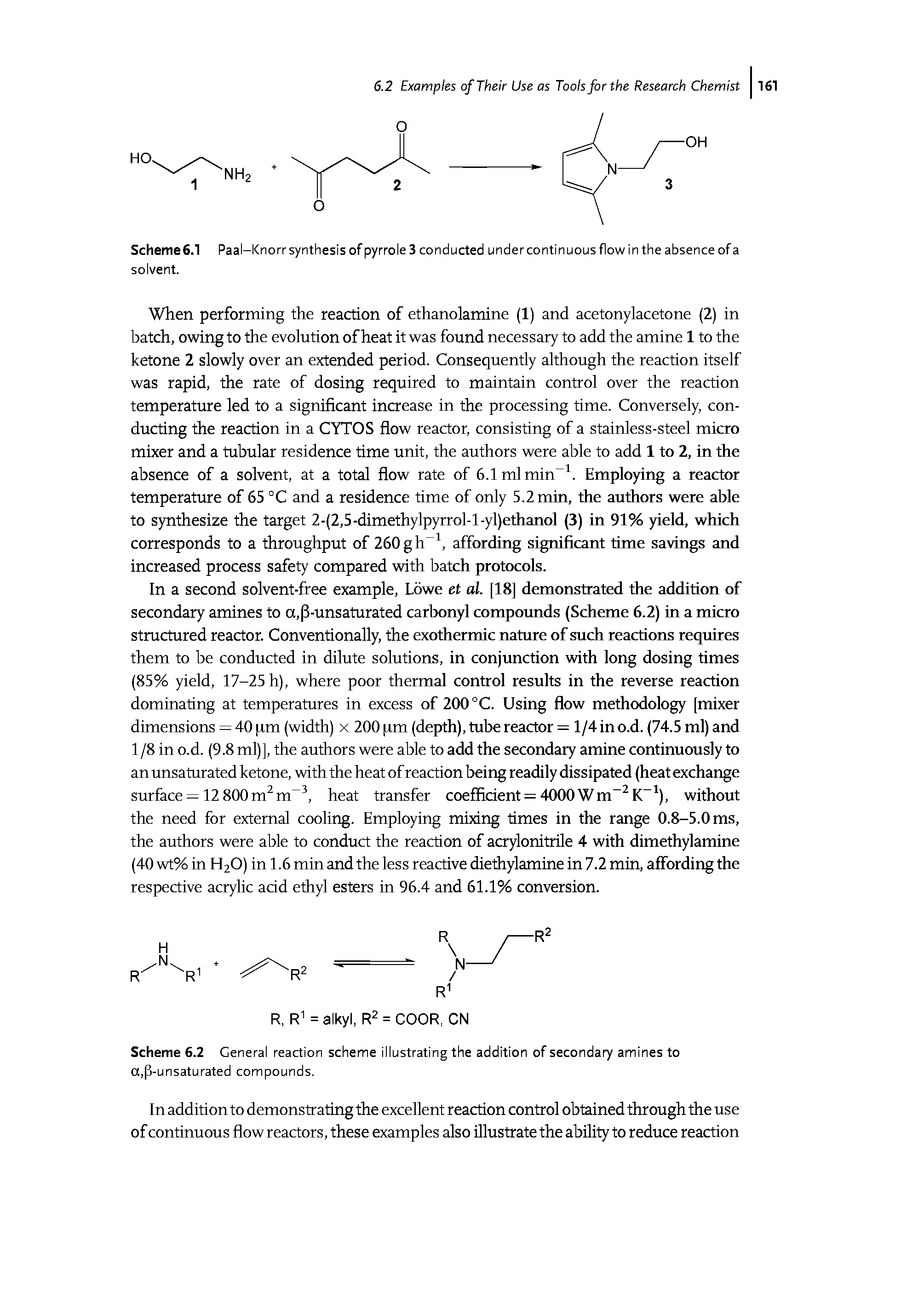 Scheme 6.1 Paal-Knorr synthesis of pyrrole 3 conducted under continuous flow in the absence of a solvent.