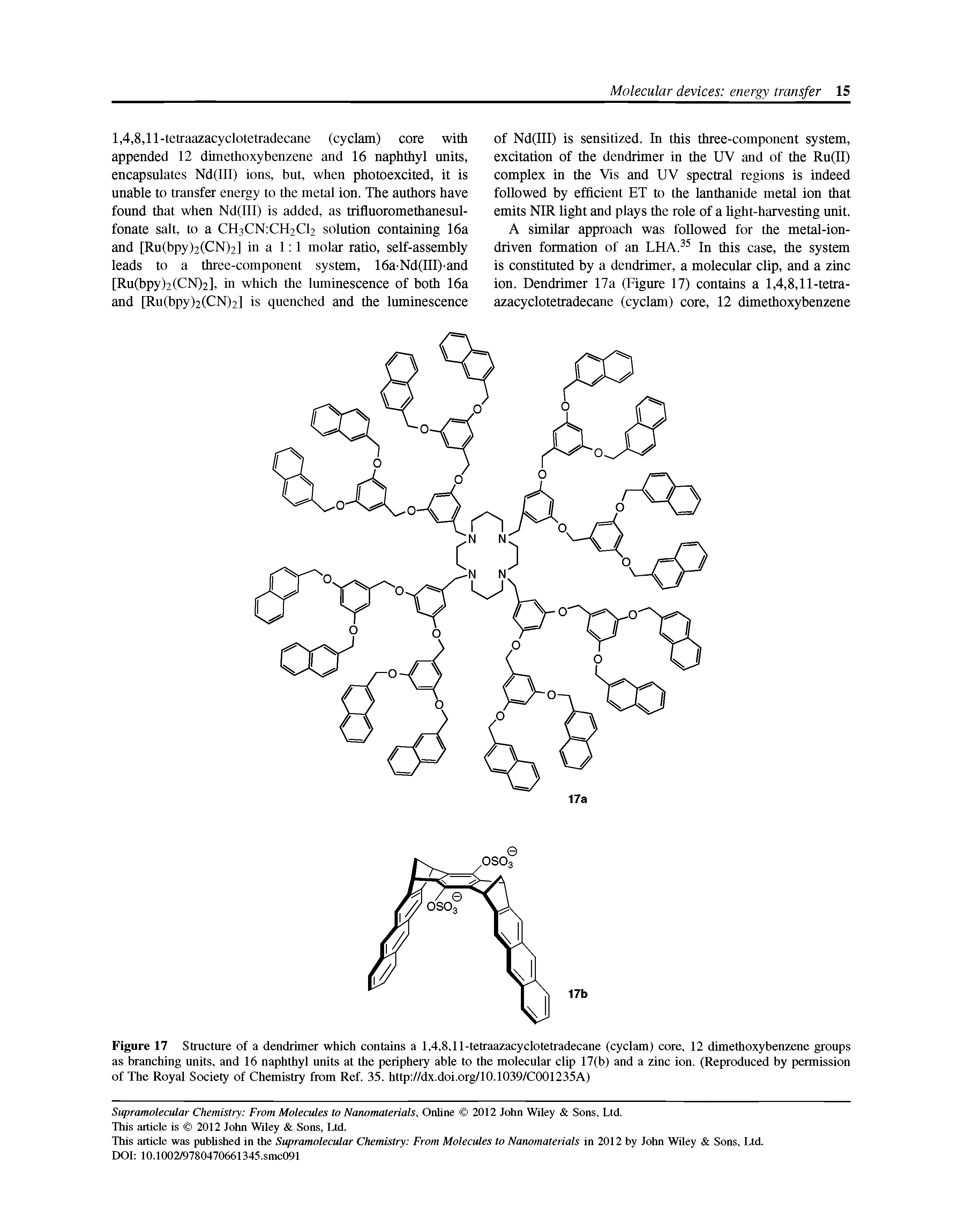 Figure 17 Structure of a dendrimer which contains a 1,4,8,11-tetraazacyclotetradecane (cyclam) core, 12 dimethoxybenzene groups as branching nnits, and 16 naphthyl nnits at the periphery able to the molecular clip 17(b) and a zinc ion. (Reproduced by permission of The Royal Society of Chemistry from Ref. 35. http //dx.doi.org/10.1039/C001235A)...