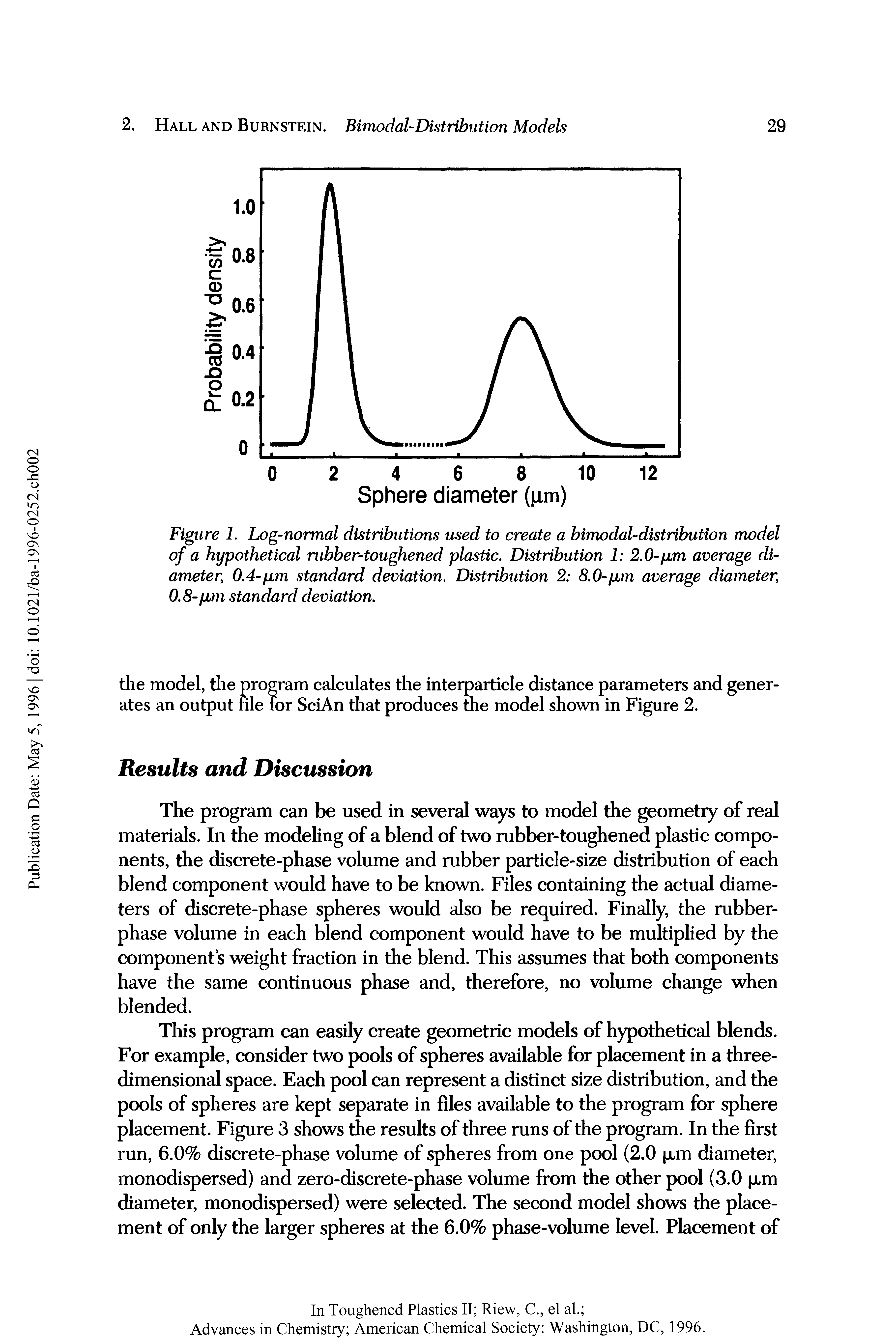 Figure 1. Log-normal distributions used to create a bimodal-distribution model of a hypothetical rubber-toughened plastic. Distribution 1 2.0-pm average diameter, 0.4-pm standard deviation. Distribution 2 8.0-pm average diameter 0.8-pm standard deviation.