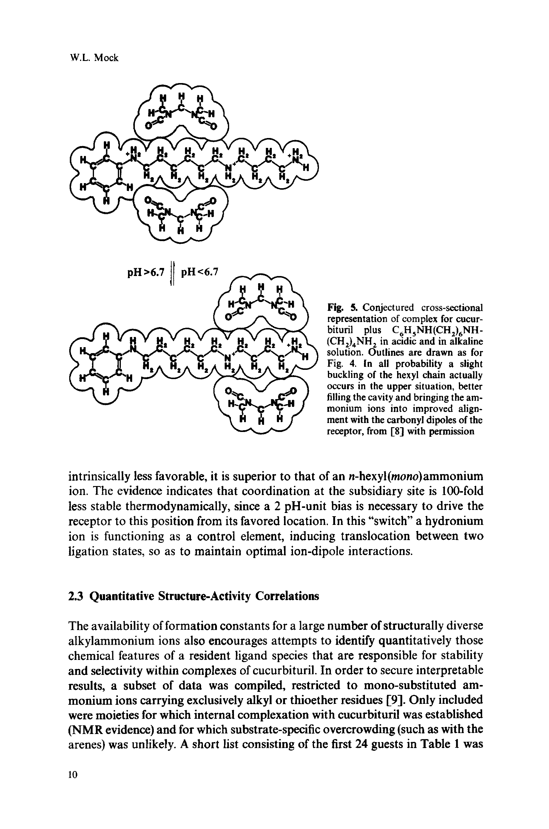 Fig. 5. Conjectured cross-sectional representation of complex for cucur-bituril plus C HjNHfCHjj NH-(CHjj NHj in acidic and in alkaline solution. Outlines are drawn as for Fig, 4. In all probability a slight buckling of the hexyl chain actually occurs in the upper situation, better filling the cavity and bringing the ammonium ions into improved alignment with the carbonyl dipoles of the receptor, from [8] with permission...