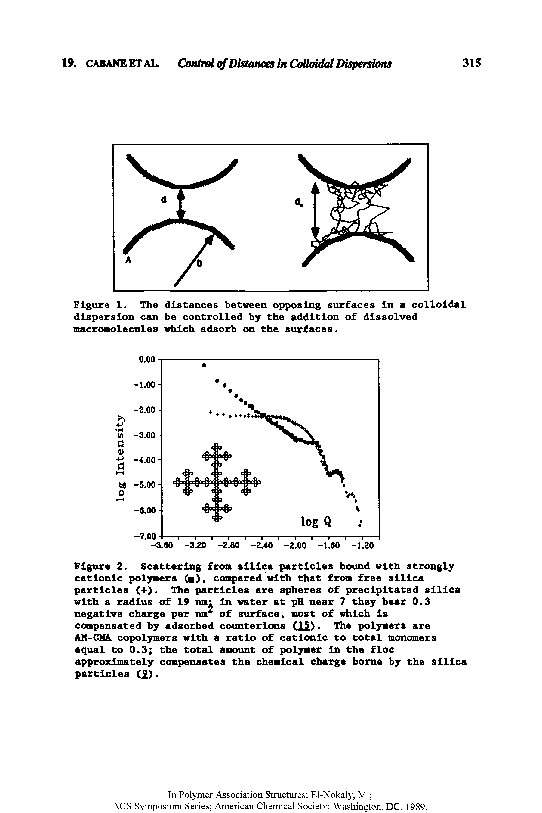 Figure 2. Scattering from silica particles bound with strongly cationic polymers ( ), compared with that from free silica particles (+). The particles are spheres of precipitated silica with a radius of 19 nm In water at pH near 7 they bear 0.3 negative charge per nm of surface, most of which Is compensated by adsorbed counterions (15). The polymers are AM-CH copolymers with a ratio of cationic to total monomers equal to 0.3 the total amount of polymer In the floe approximately compensates the chemical charge borne by the silica particles (9).