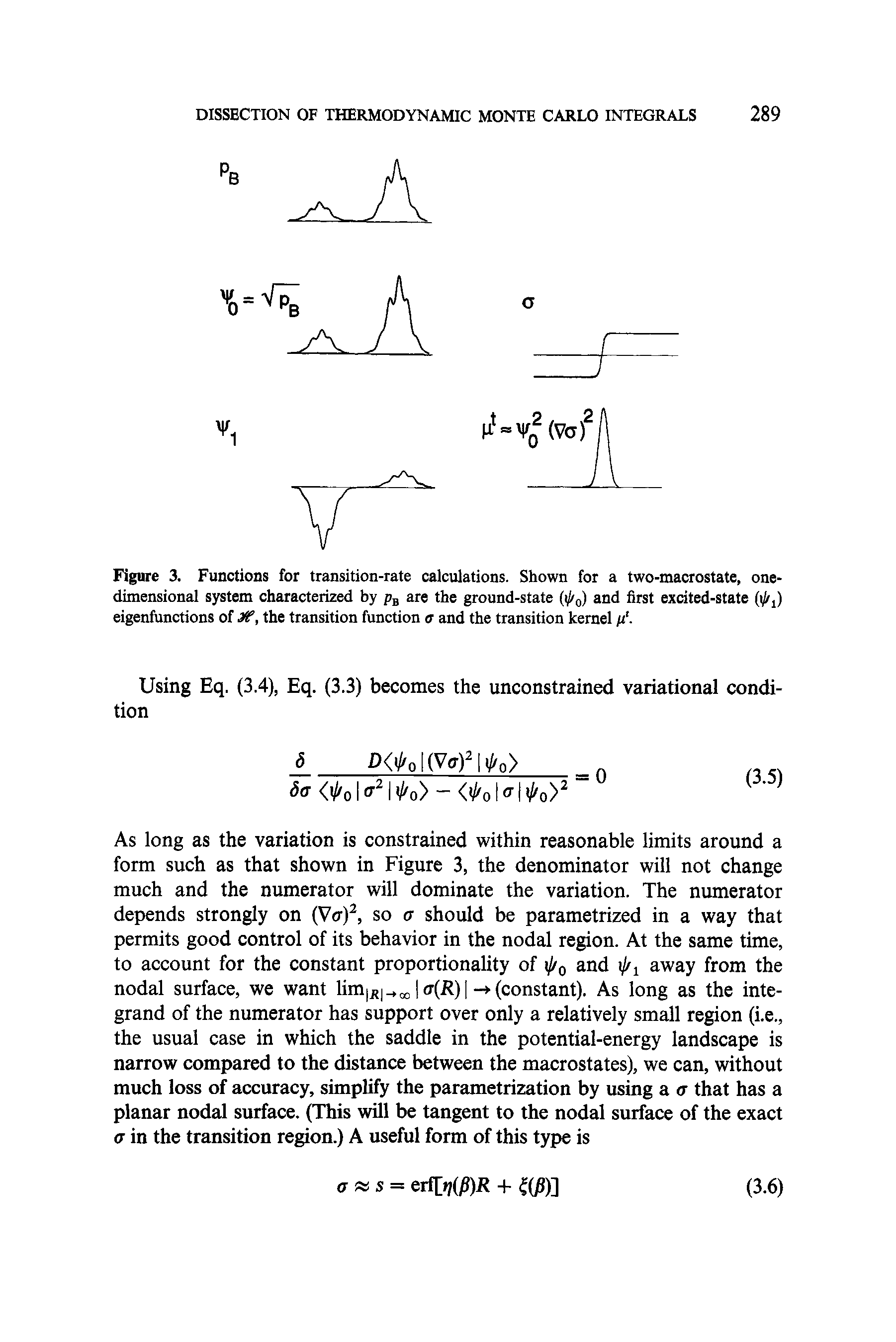 Figure 3. Functions for transition-rate calculations. Shown for a two-macrostate, onedimensional system characterized by pB are the ground-state ( 0) and first excited-state eigenfunctions of X, the transition function and the transition kernel p .
