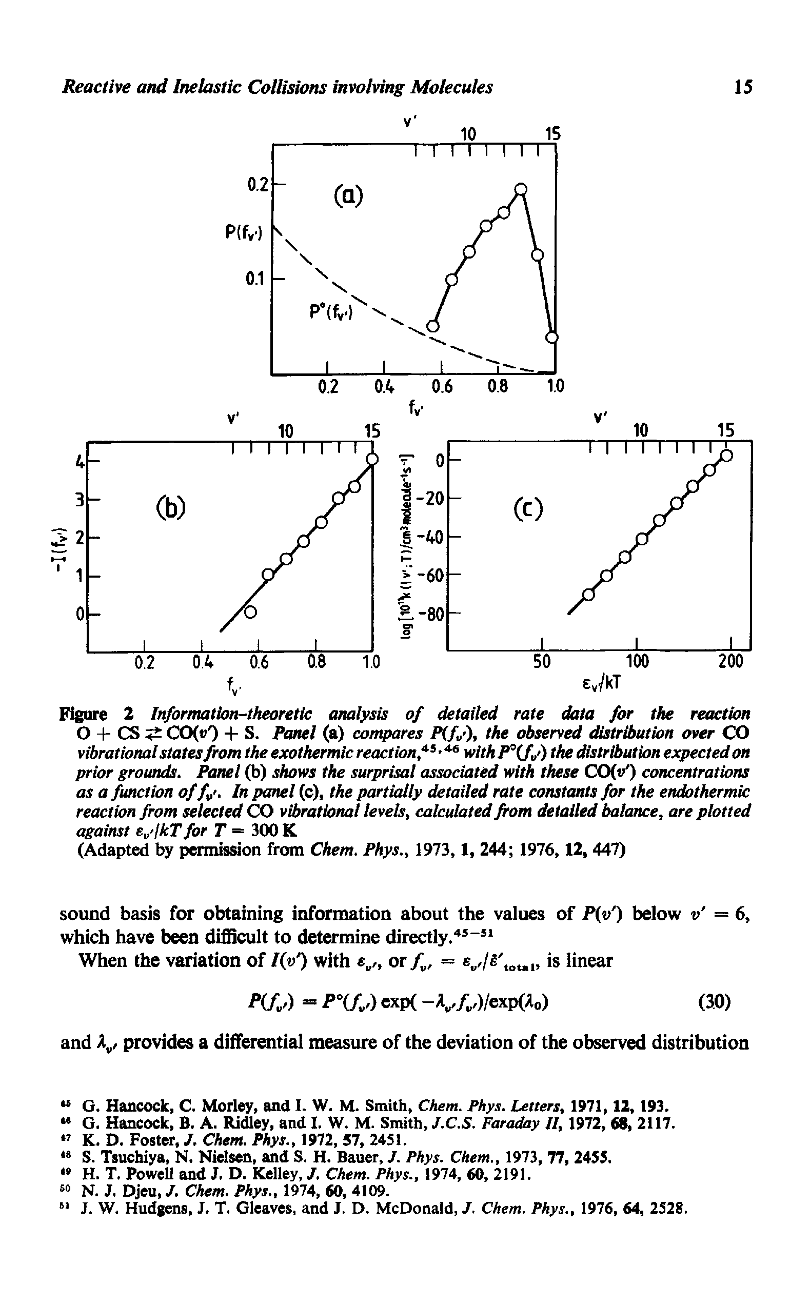 Figure 2 Information-theoretic analysis of detailed rate data foe the reaction O + CS CO( ) + S. Panel (a) compares P(f ), the observed distributUm over CO vibrational states from the exothermic reaction, > with P°(f/) the ittstrStution expected on prior grounds. Panel (b) shows the surprisal associated with these CO(<0 concentrations as a function of f. In panel (c), the partially detailed rate constants for the endothermic reaction from selected CO v rational levels, calculated from detailed balance, are plotted against e >jhTfor T — 300 K...