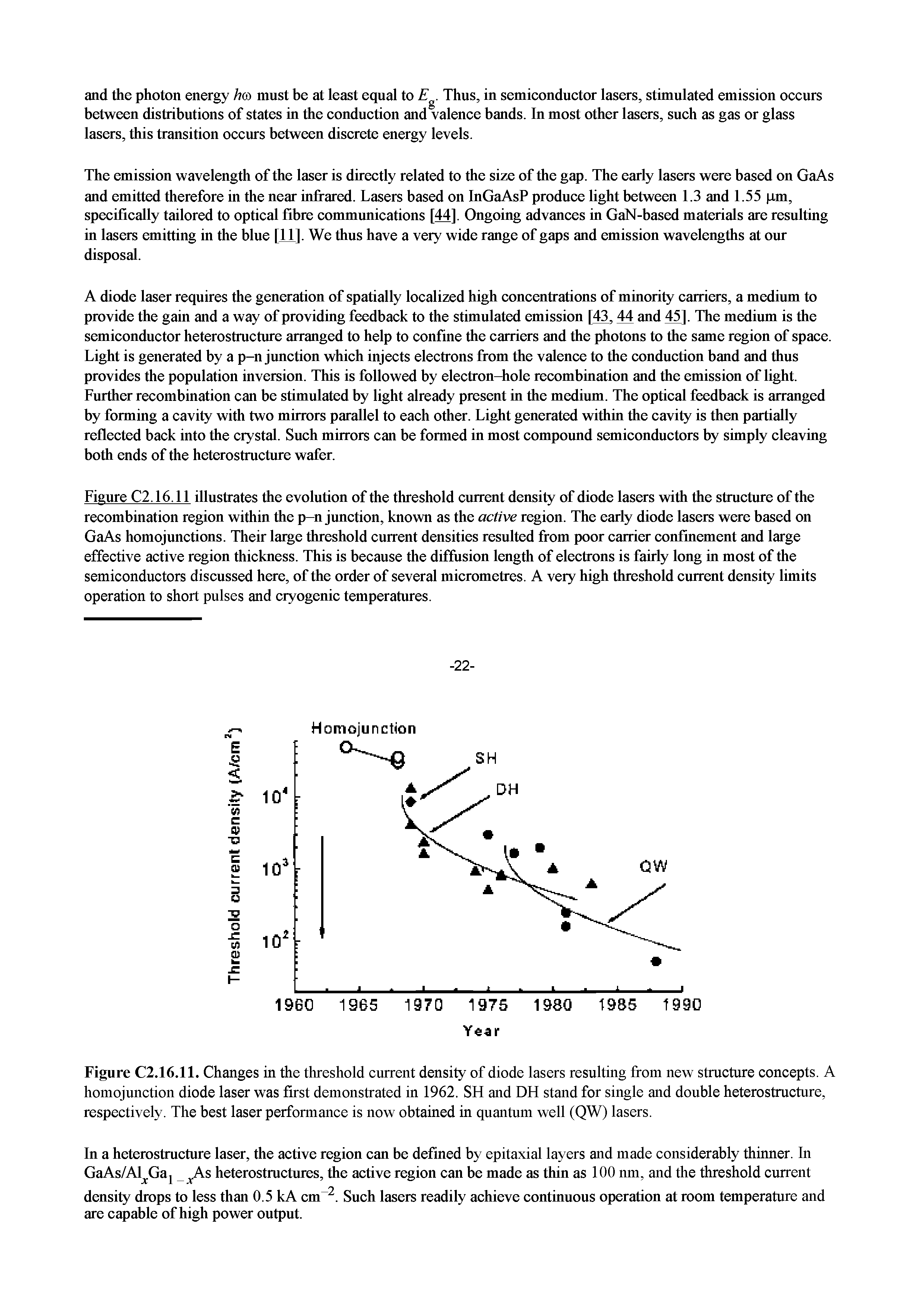 Figure C2. 16.ll illustrates the evolution of the threshold current density of diode lasers with the structure of the recombination region within the p-n jimction, known as the active region. The early diode lasers were based on GaAs homojunctions. Their large threshold current densities resulted from poor carrier confinement and large effective active region thickness. This is because the diffusion length of electrons is fairly long in most of the semiconductors discussed here, of the order of several micrometres. A very high threshold current density limits operation to short pulses and ciyogenic temperatures.