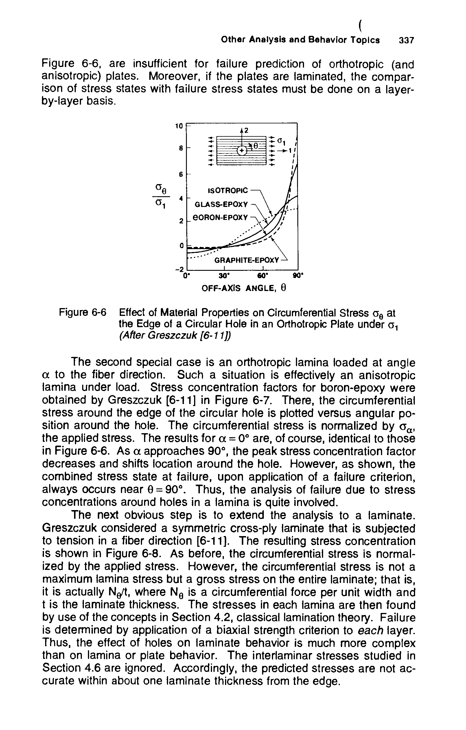 Figure 6-6 Effect of Material Properties on Circumferential Stress Gq at the Edge of a Circular Hole in an Orthotropic Plate under a, (After Greszczuk [6-11])...