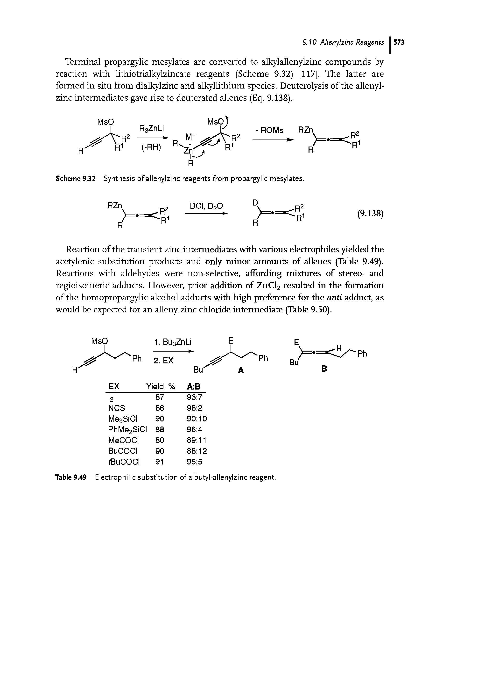 Scheme 9.32 Synthesis of allenylzinc reagents from propargylic mesylates.