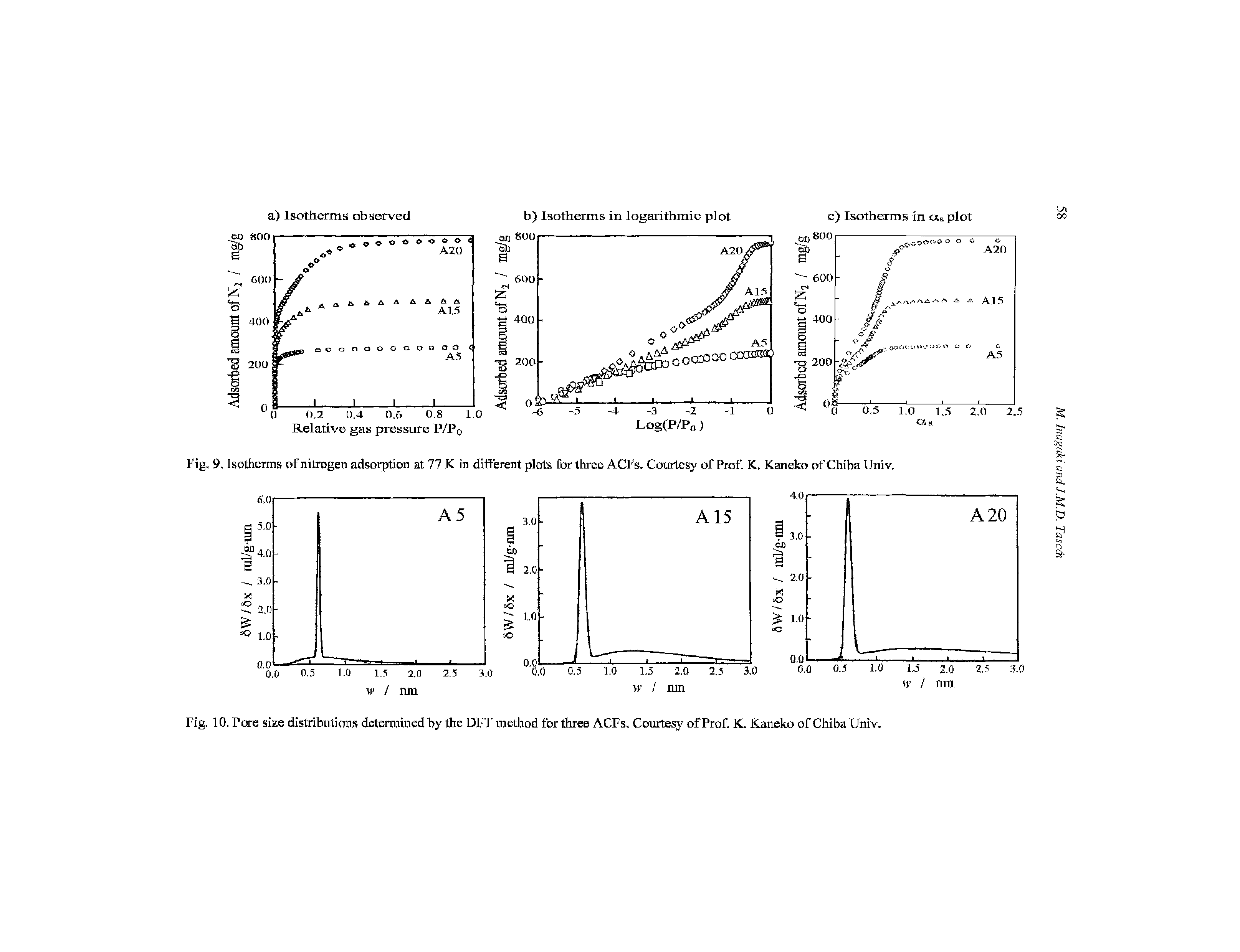 Fig. 9. Isotherms of nitrogen adsorption at 77 K in different plots for three ACFs. Courtesy of Prof. K. Kaneko of Chiba Univ.