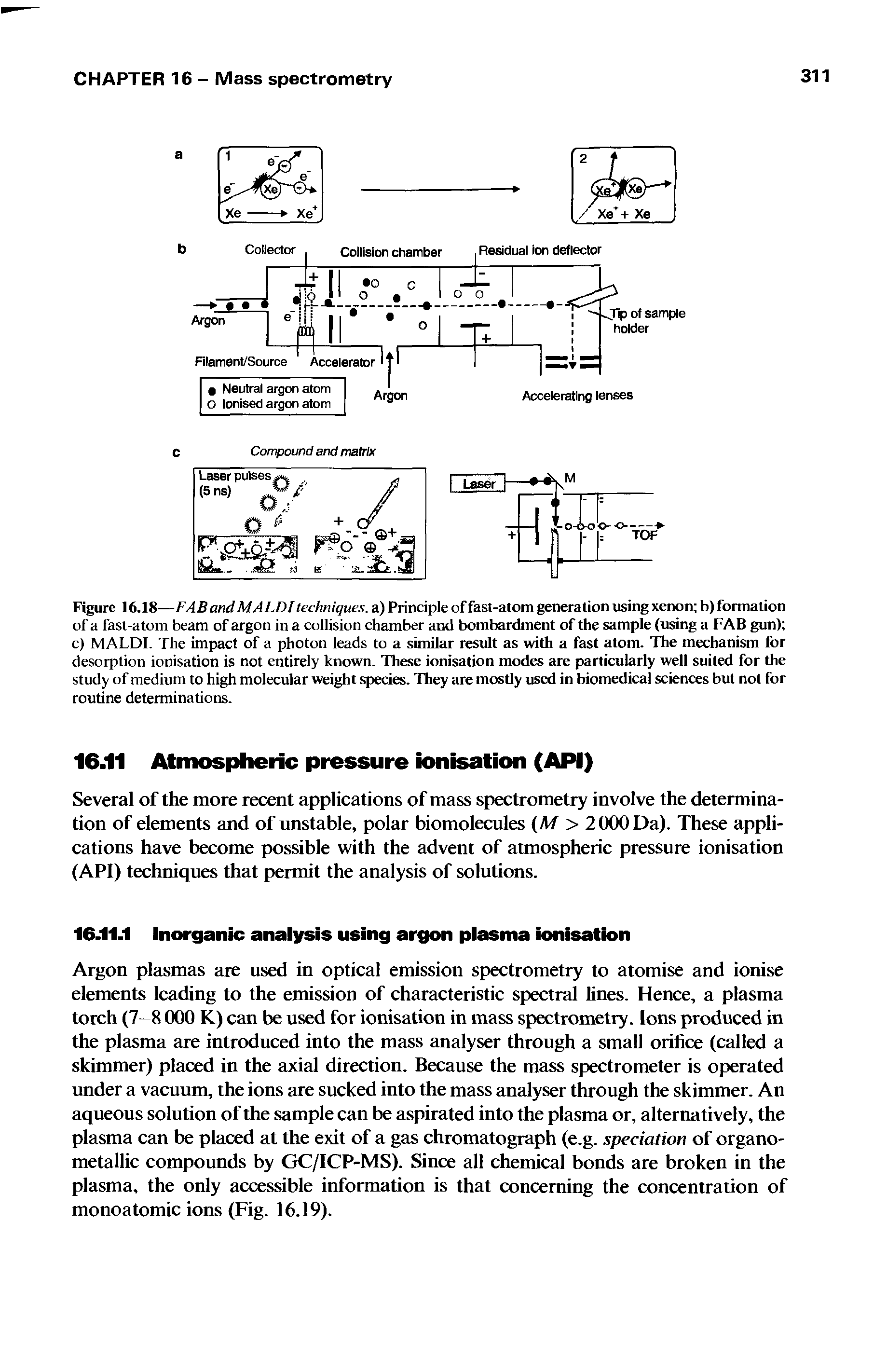 Figure 16.18—FAB and MALDI techniques, a) Principle of fast-atom generation using xenon b) formation of a fast-atom beam of argon in a collision chamber and bombardment of the sample (using a FAB gun) c) MALDI. The impact of a photon leads to a similar result as with a fast atom. The mechanism for desorption ionisation is not entirely known. These ionisation modes are particularly well suited for the study of medium to high molecular weight species. They are mostly used in biomedical sciences but not for routine determinations.