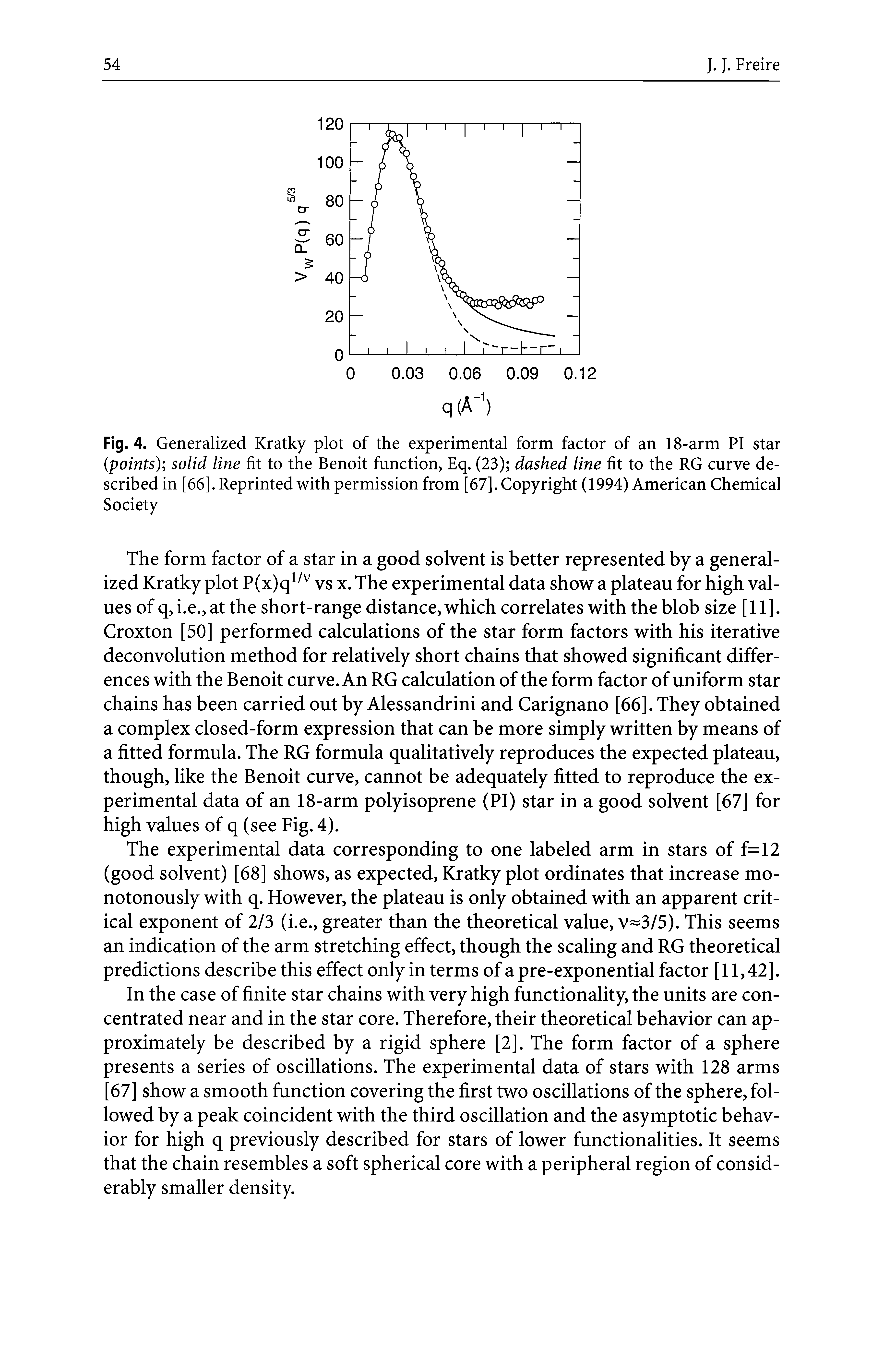 Fig. 4. Generalized Kratky plot of the experimental form factor of an 18-arm PI star (points) solid line fit to the Benoit function, Eq. (23) dashed line fit to the RG curve described in [66]. Reprintedwith permission from [67]. Copyright (1994) American Chemical Society...