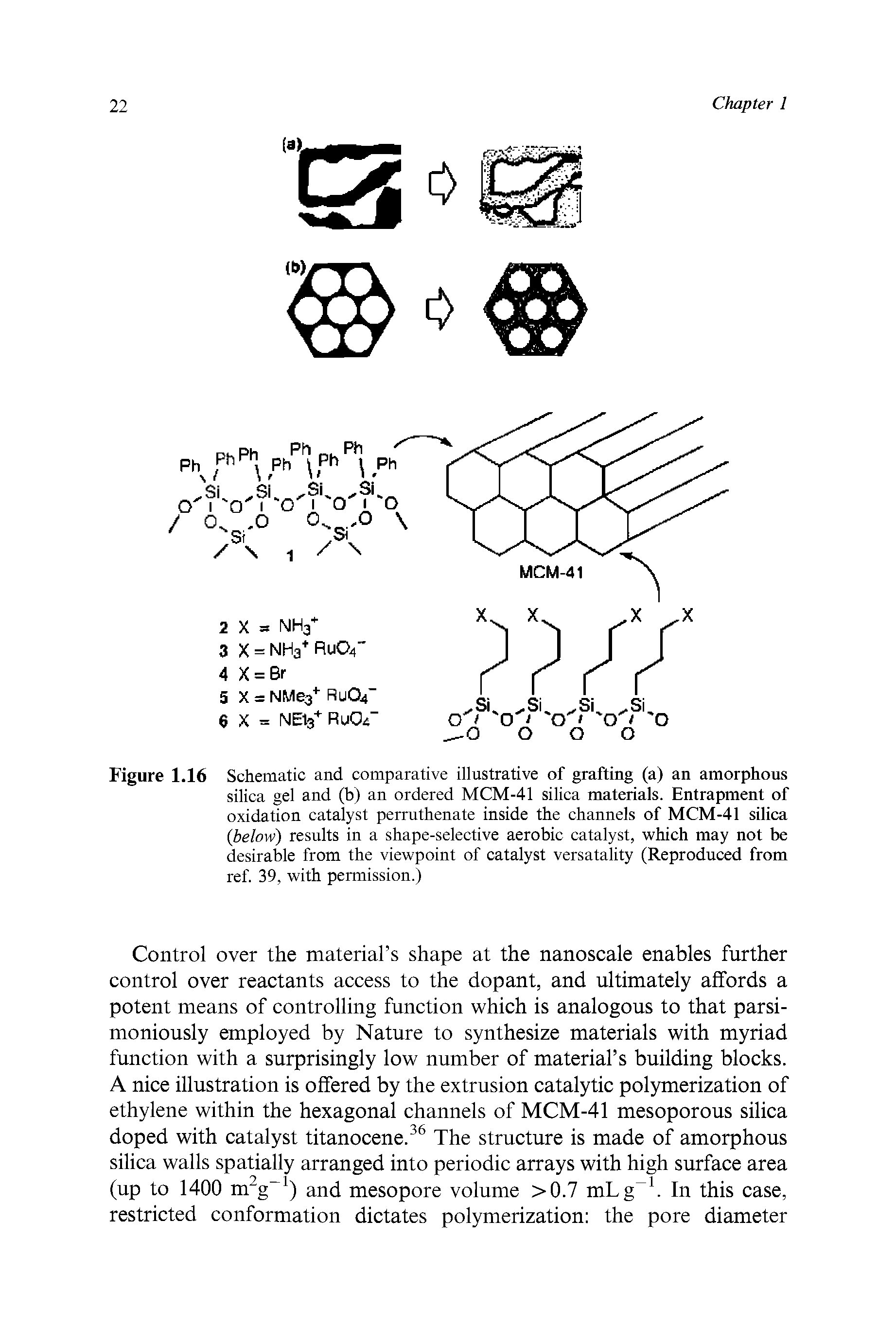 Figure 1.16 Schematic and comparative illustrative of grafting (a) an amorphous silica gel and (b) an ordered MCM-41 silica materials. Entrapment of oxidation catalyst perruthenate inside the channels of MCM-41 silica (below) results in a shape-selective aerobic catalyst, which may not be desirable from the viewpoint of catalyst versatality (Reproduced from ref. 39, with permission.)...