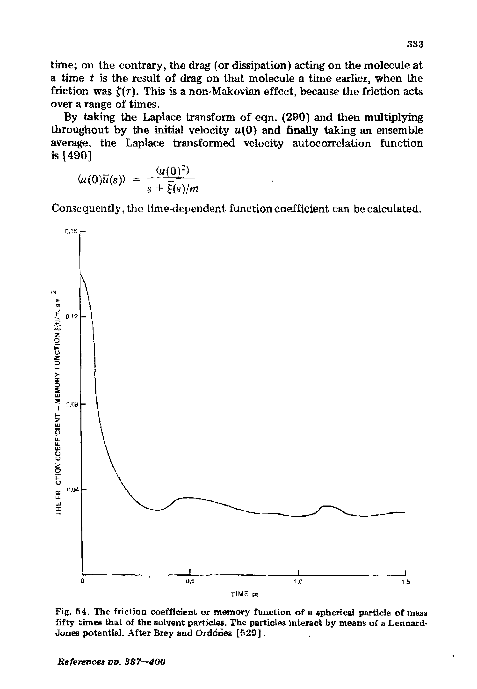 Fig. 54. The friction coefficient or memory function of a spherical particle of mass fifty times that of the solvent particles. The particles interact by means of a Lennard-Jones potential. After Brey and Ordonez [529 J.