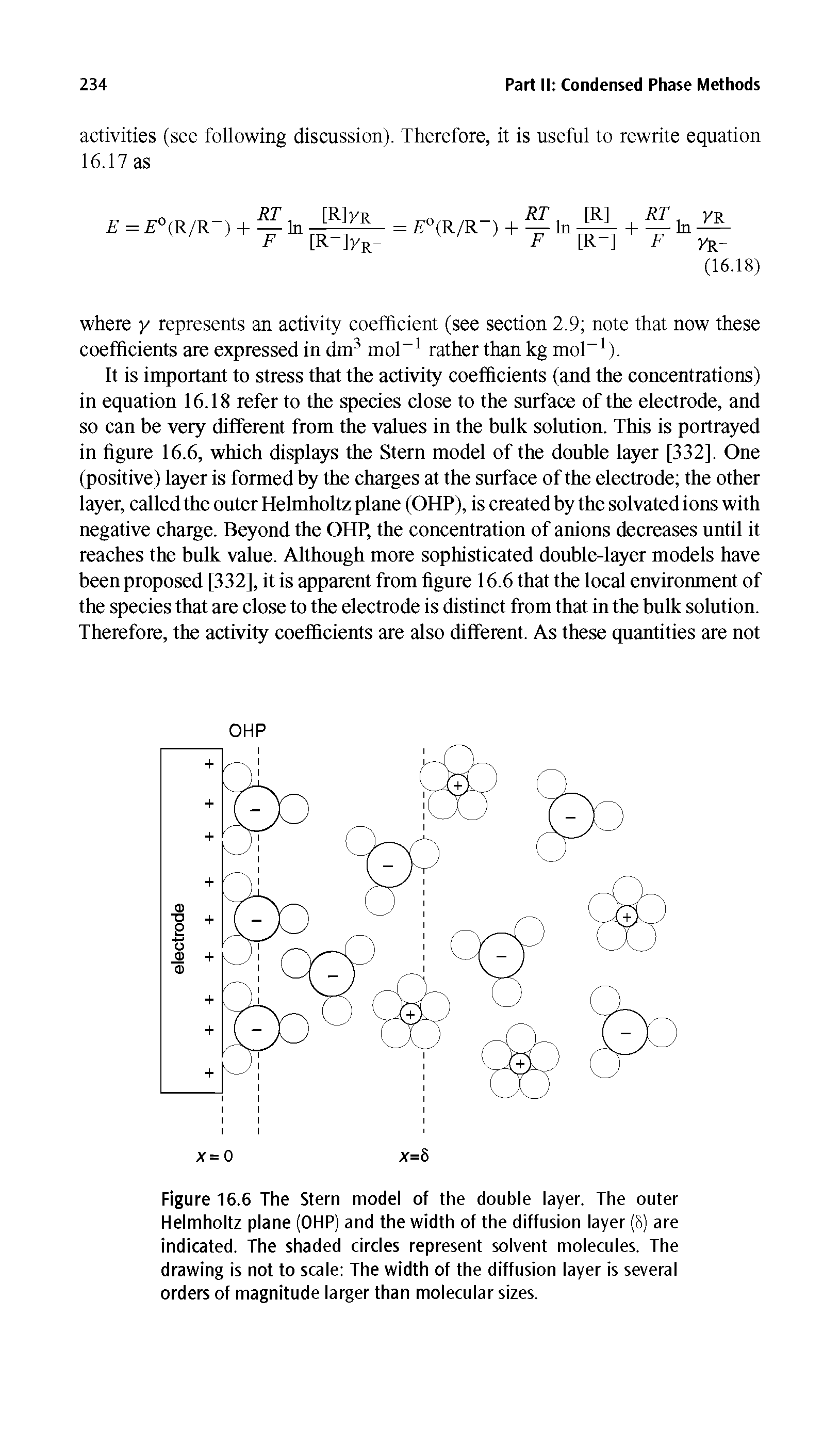 Figure 16.6 The Stern model of the double layer. The outer Helmholtz plane (OHP) and the width of the diffusion layer (8) are indicated. The shaded circles represent solvent molecules. The drawing is not to scale The width of the diffusion layer is several orders of magnitude larger than molecular sizes.