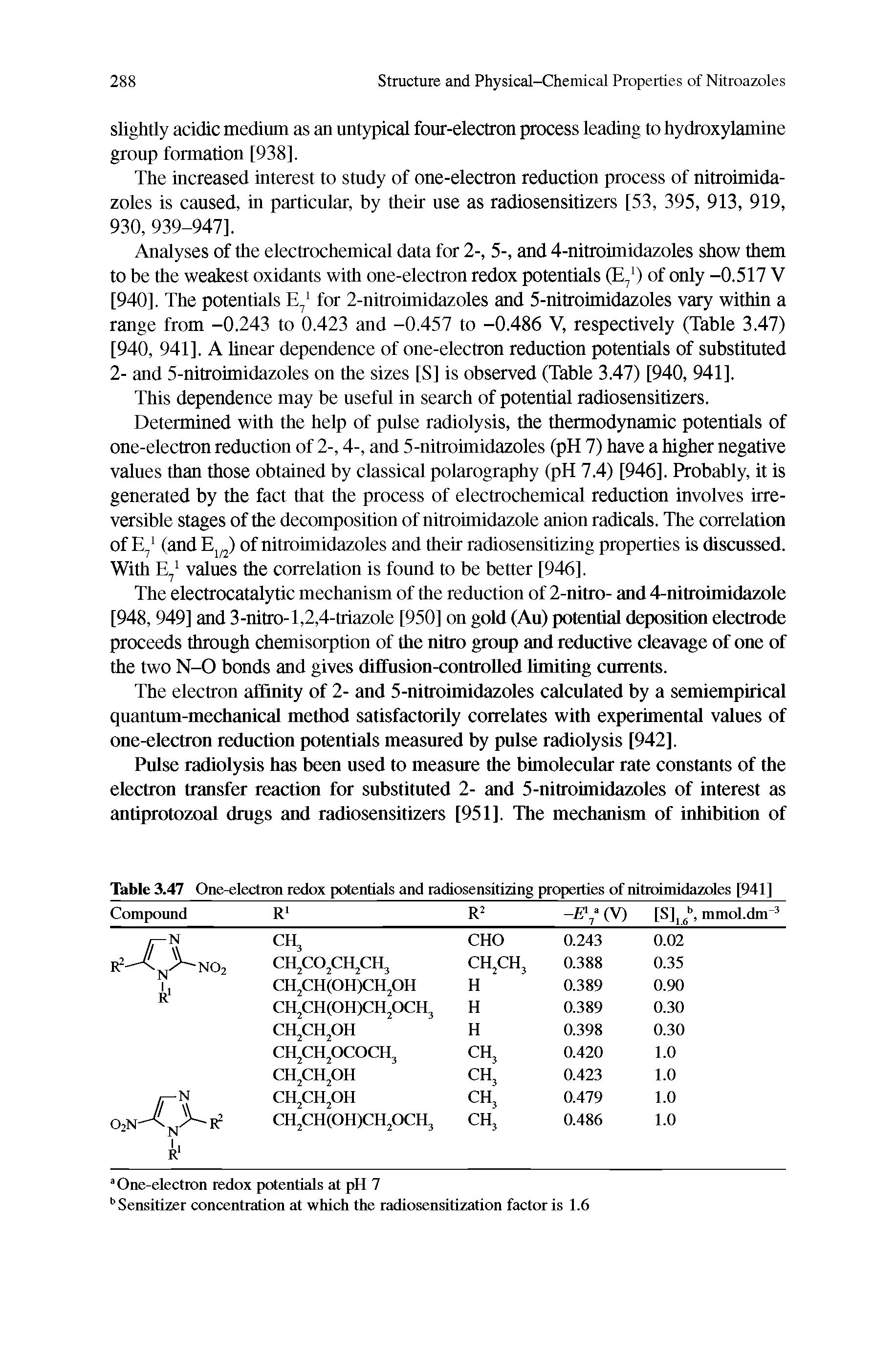 Table 3.47 One-electron redox potentials and radiosensitizing properties of nitroimidazoles [941]...