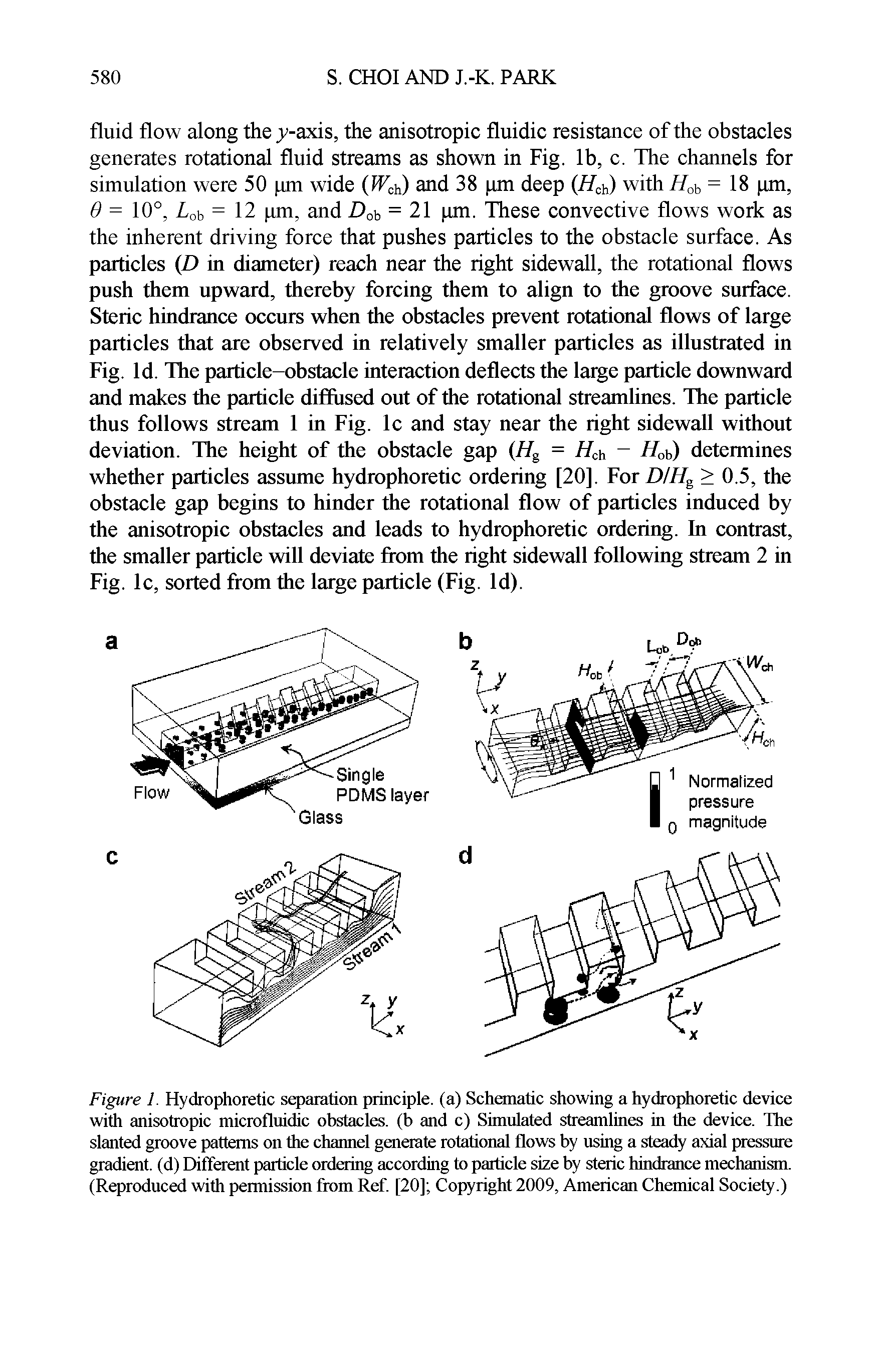 Figure 1. Hydrophoretic separation principle, (a) Schematic showing a hydrophoretic device with anisotropic microfluidic obstacles, (b and c) Simulated streamlines in the device. The slanted groove patterns on the channel generate rotational flows by using a steady axial pressure gradient, (d) Different particle ordering according to particle size by steric hindrance mechanism. (Reproduced with permission from Ref [20] Copyright 2009, American Chemical Society.)...