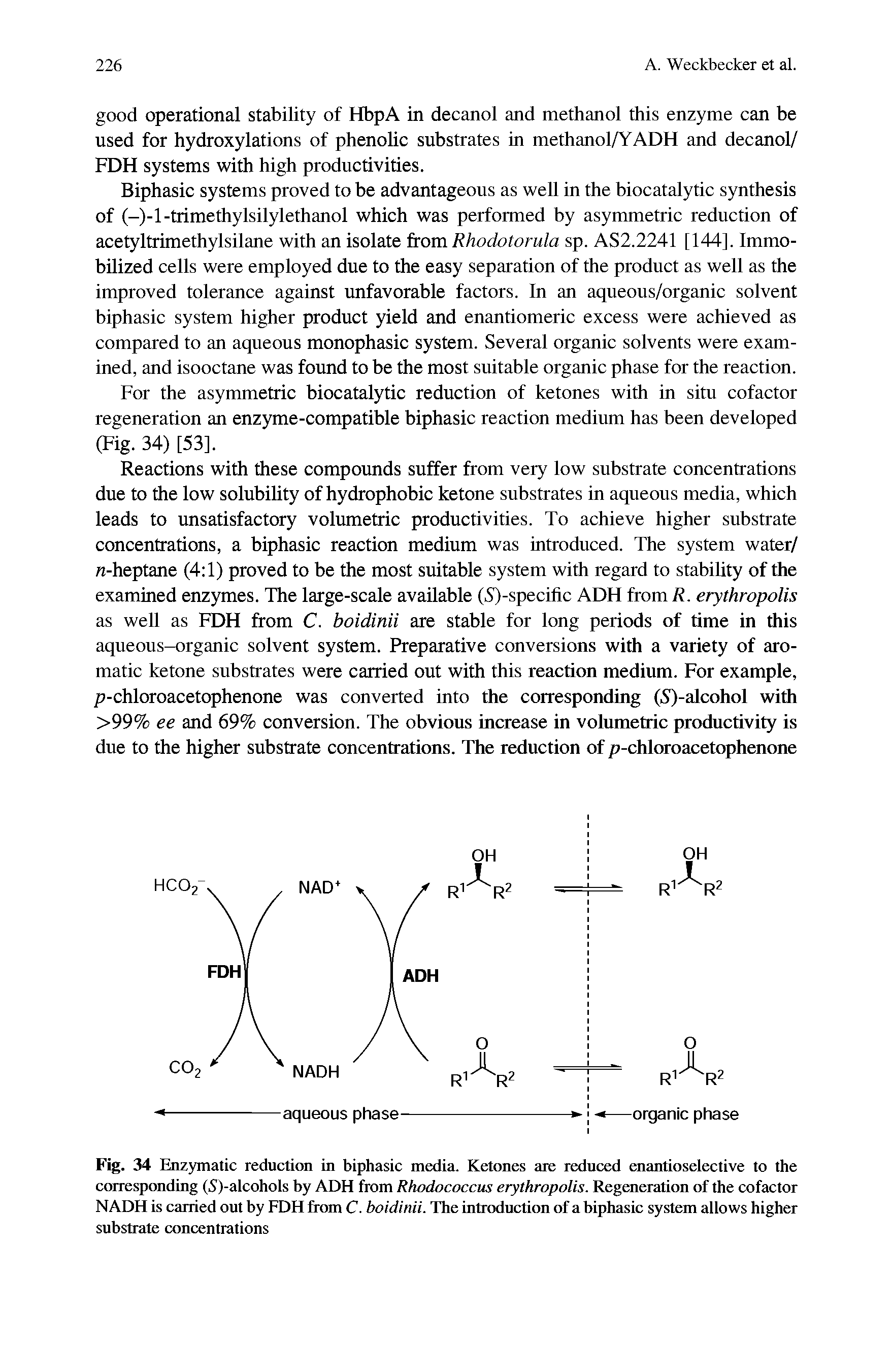 Fig. 34 Enzymatic reduction in biphasic media. Ketones are reduced enantioselective to the corresponding (S)-alcohols by ADH from Rhodococcus erythropolis. Regeneration of the cofactor NADH is carried out by FDH from C. boidinii. The introduction of a biphasic system allows higher substrate concentrations...
