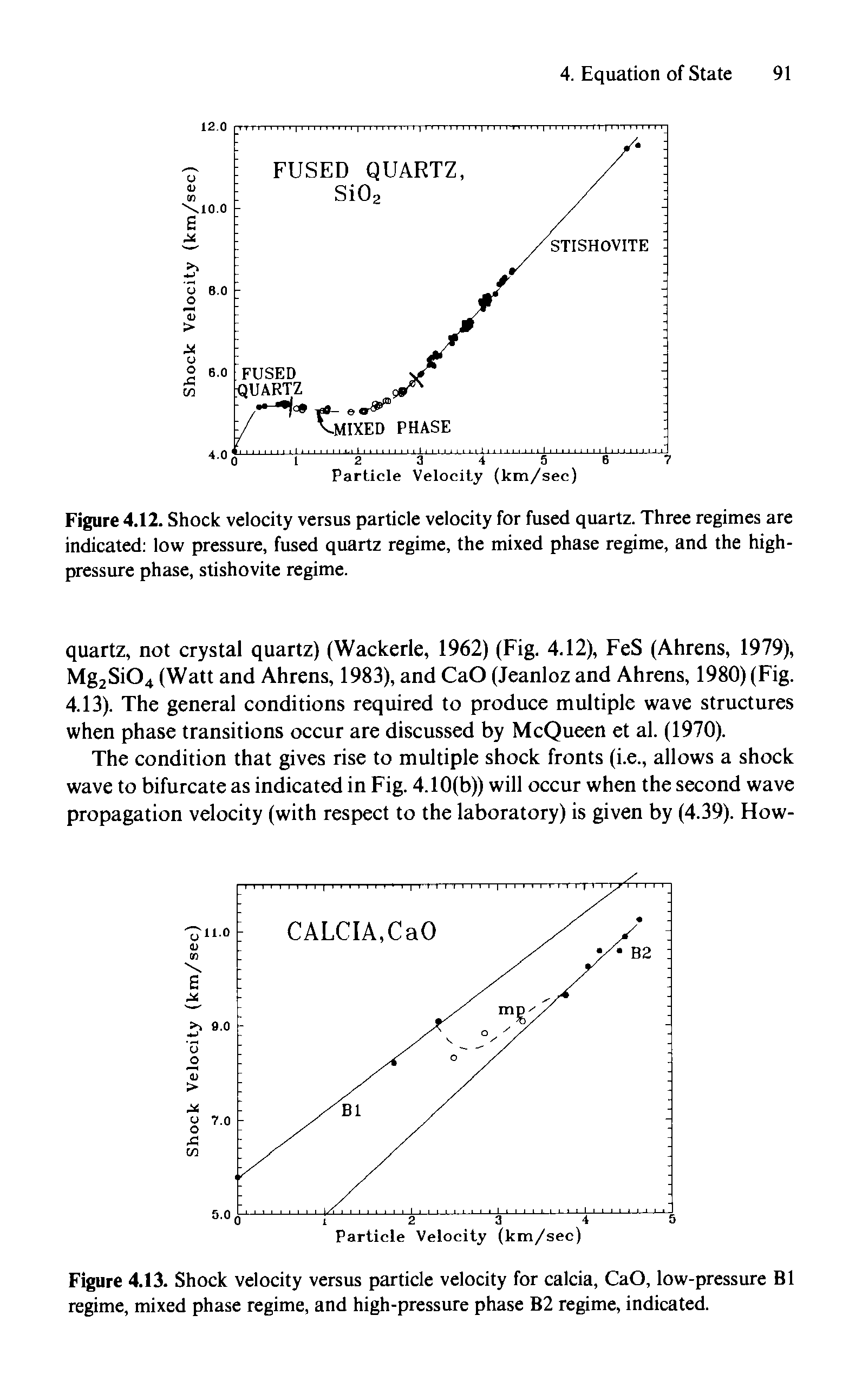 Figure 4.12. Shock velocity versus particle velocity for fused quartz. Three regimes are indicated low pressure, fused quartz regime, the mixed phase regime, and the high-pressure phase, stishovite regime.